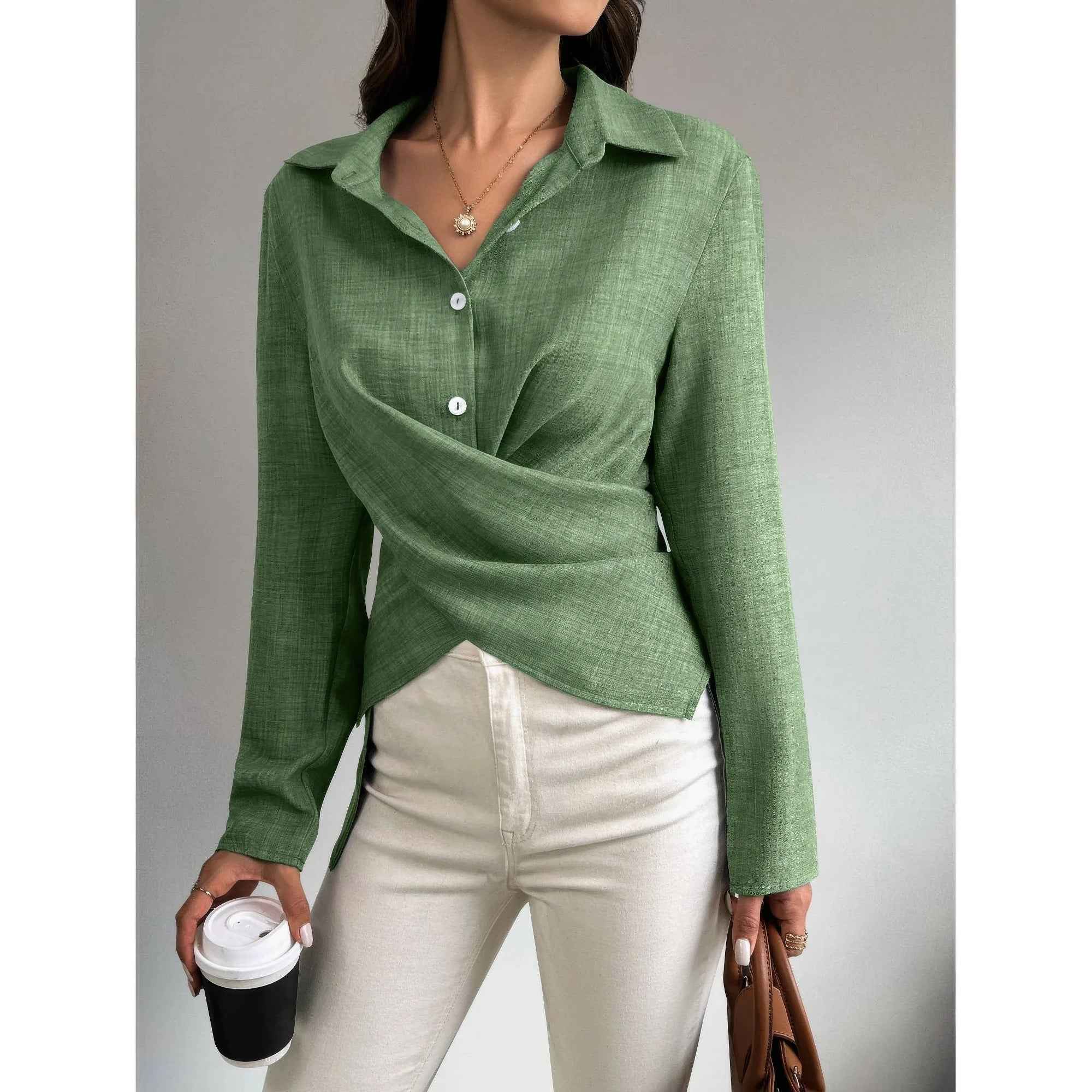 Solid Crossed Button Long Sleeve Blouse Solid Crossed Button Long Sleeve Blouse