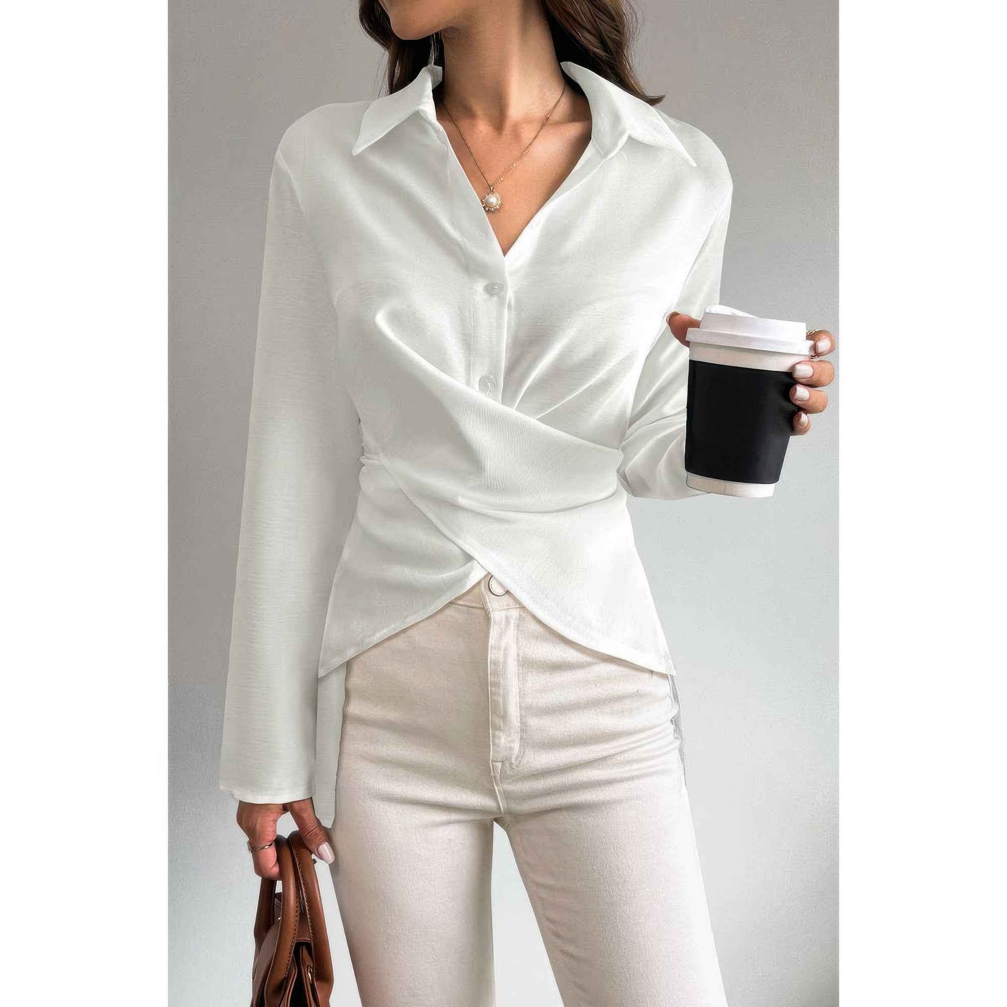 Solid Crossed Button Long Sleeve Blouse Solid Crossed Button Long Sleeve Blouse