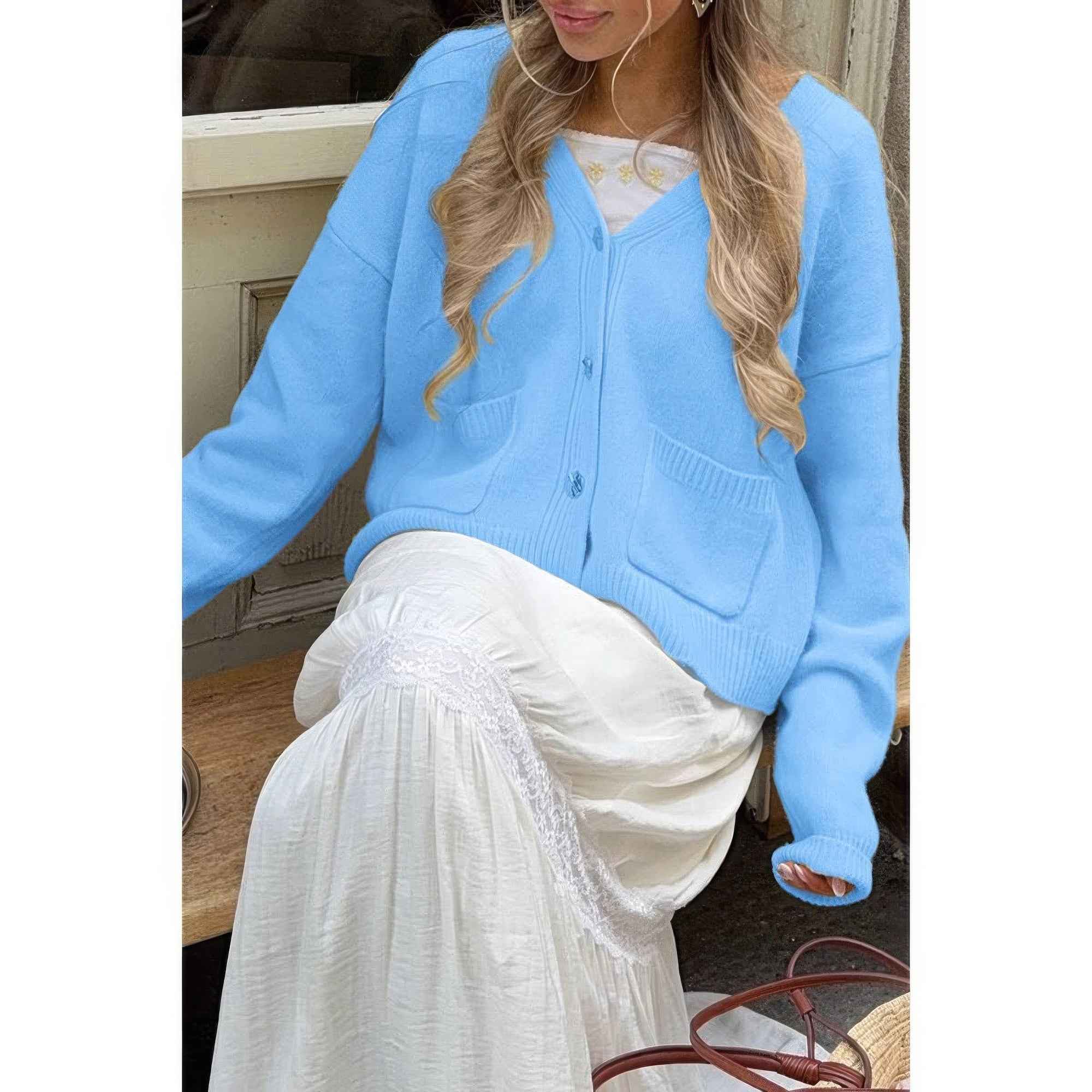 Solid Knit Button Down Pocket Loose Sweater Solid Knit Button Down Pocket Loose Sweater