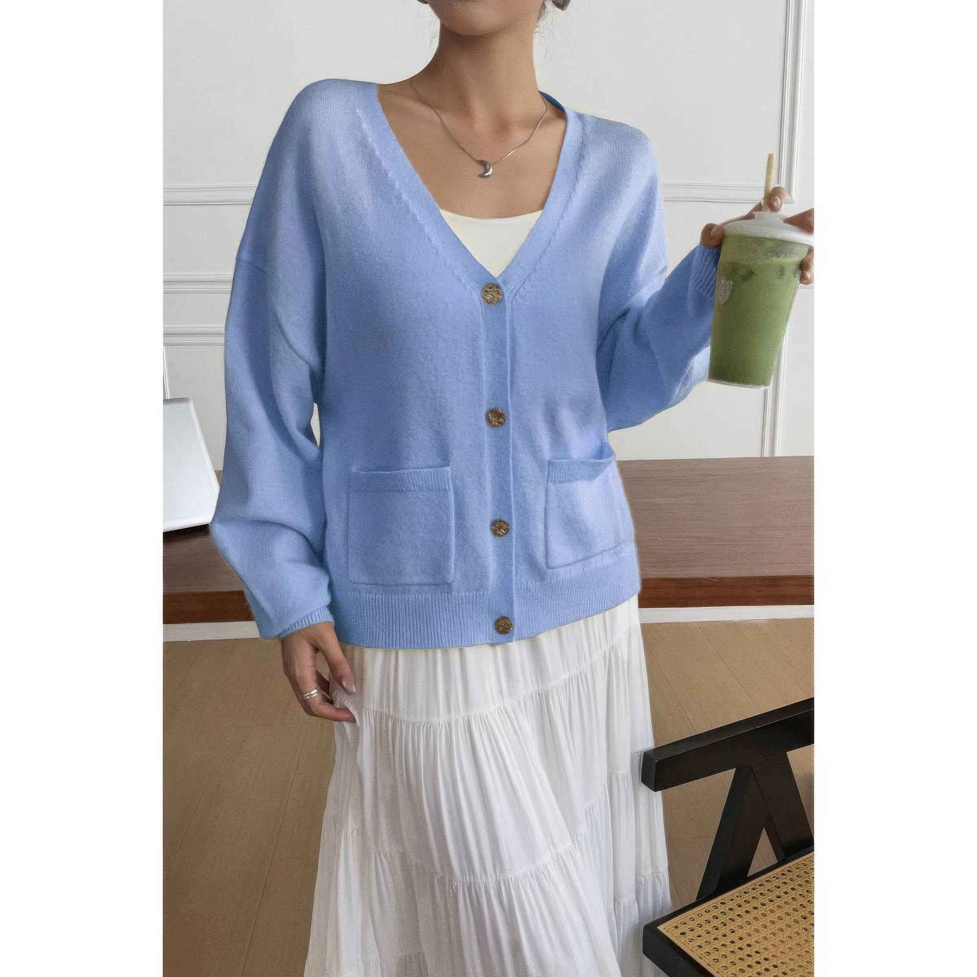 Solid Knit Button Down Pocket Loose Sweater Solid Knit Button Down Pocket Loose Sweater