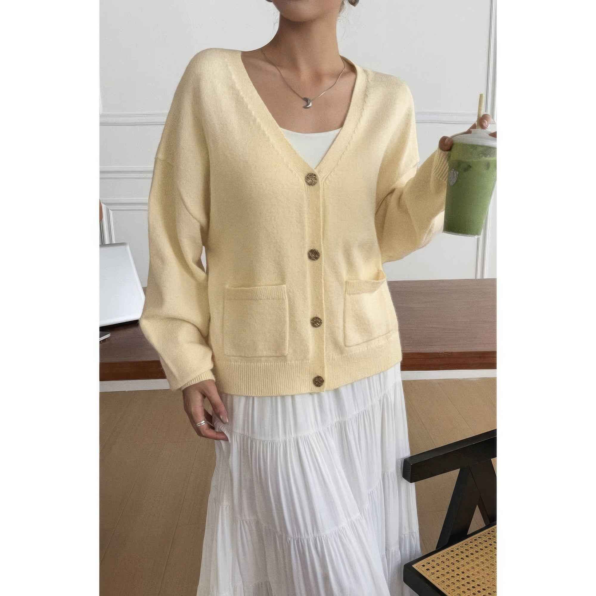 Solid Knit Button Down Pocket Loose Sweater Solid Knit Button Down Pocket Loose Sweater