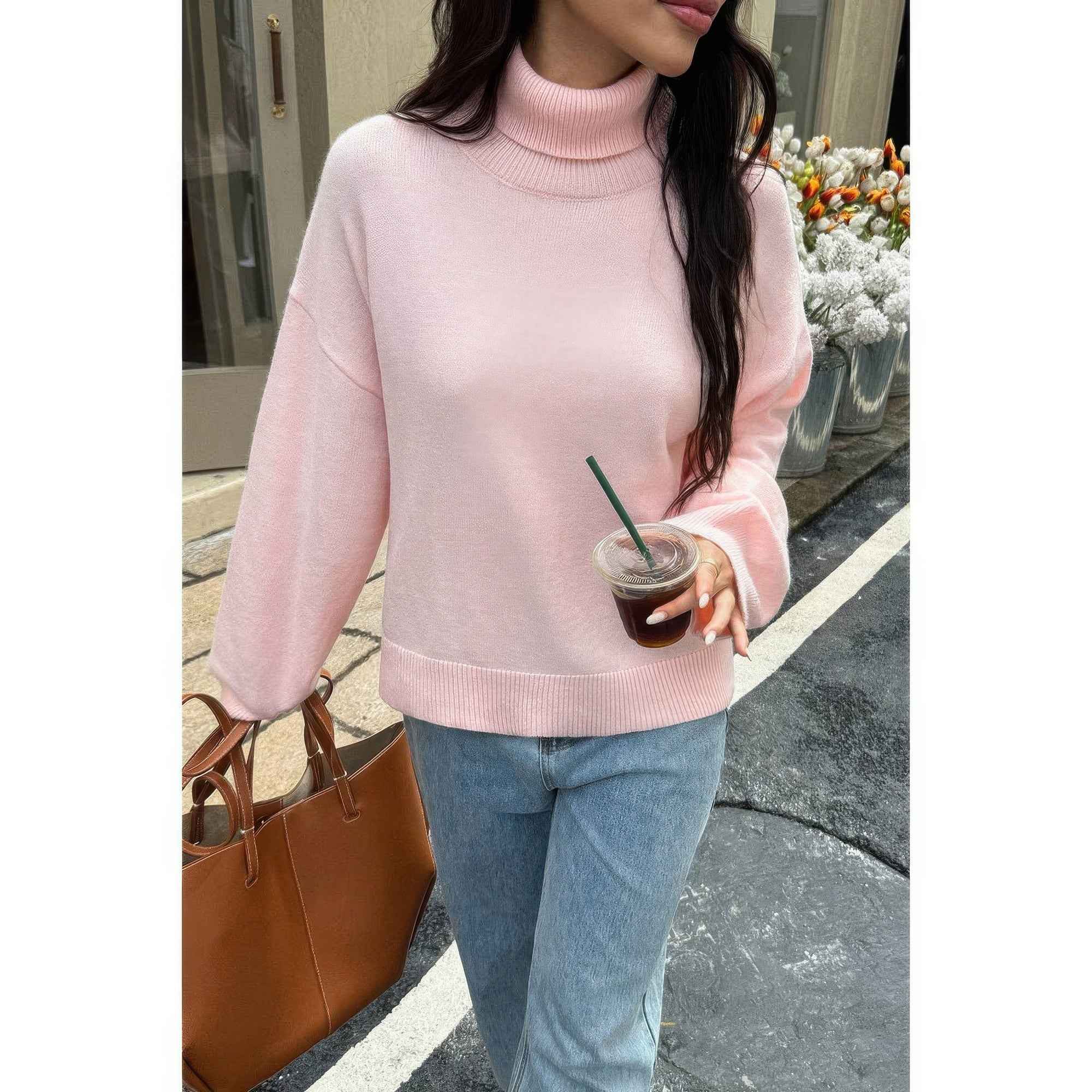 Solid Knit High Neck Drop Shoulder Sweater Solid Knit High Neck Drop Shoulder Sweater