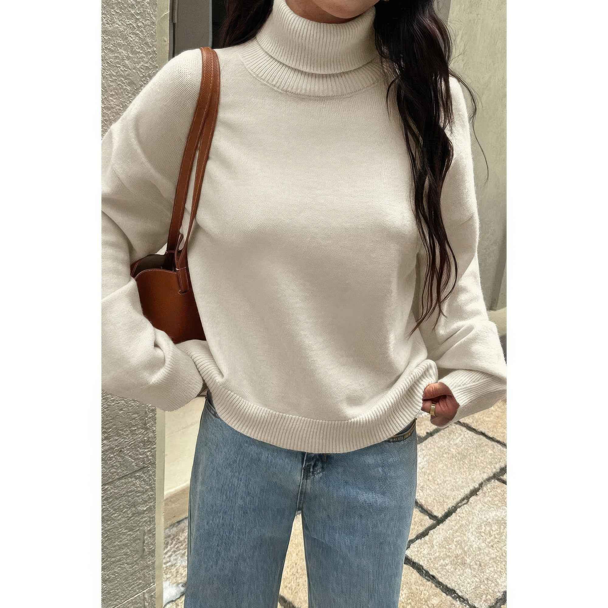Solid Knit High Neck Drop Shoulder Sweater Solid Knit High Neck Drop Shoulder Sweater