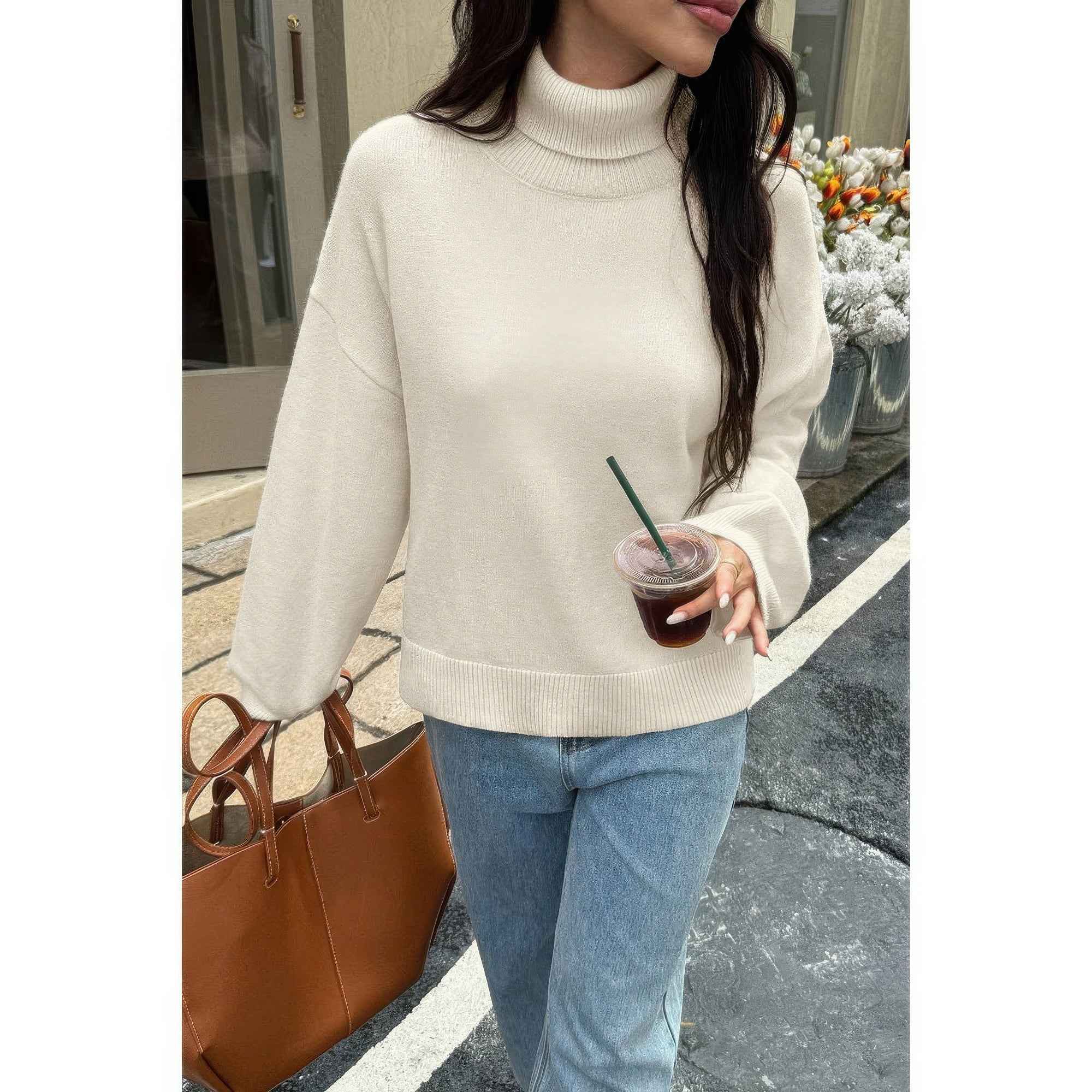 Solid Knit High Neck Drop Shoulder Sweater Solid Knit High Neck Drop Shoulder Sweater