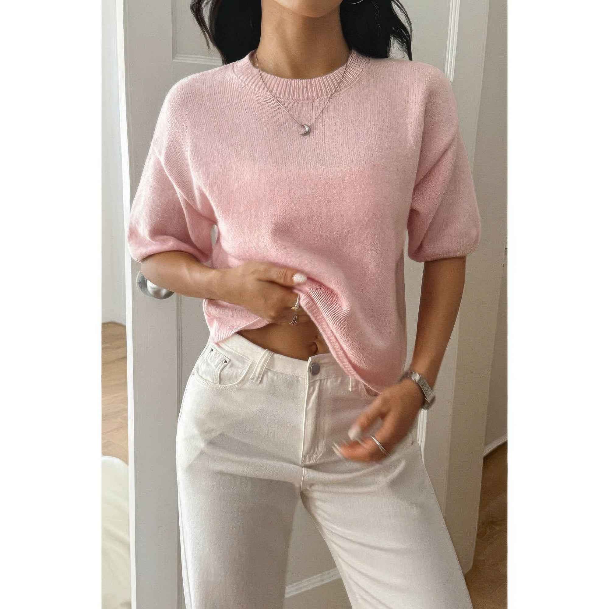 Round Neck Knit Drop Shoulder Loose Sweater Round Neck Knit Drop Shoulder Loose Sweater