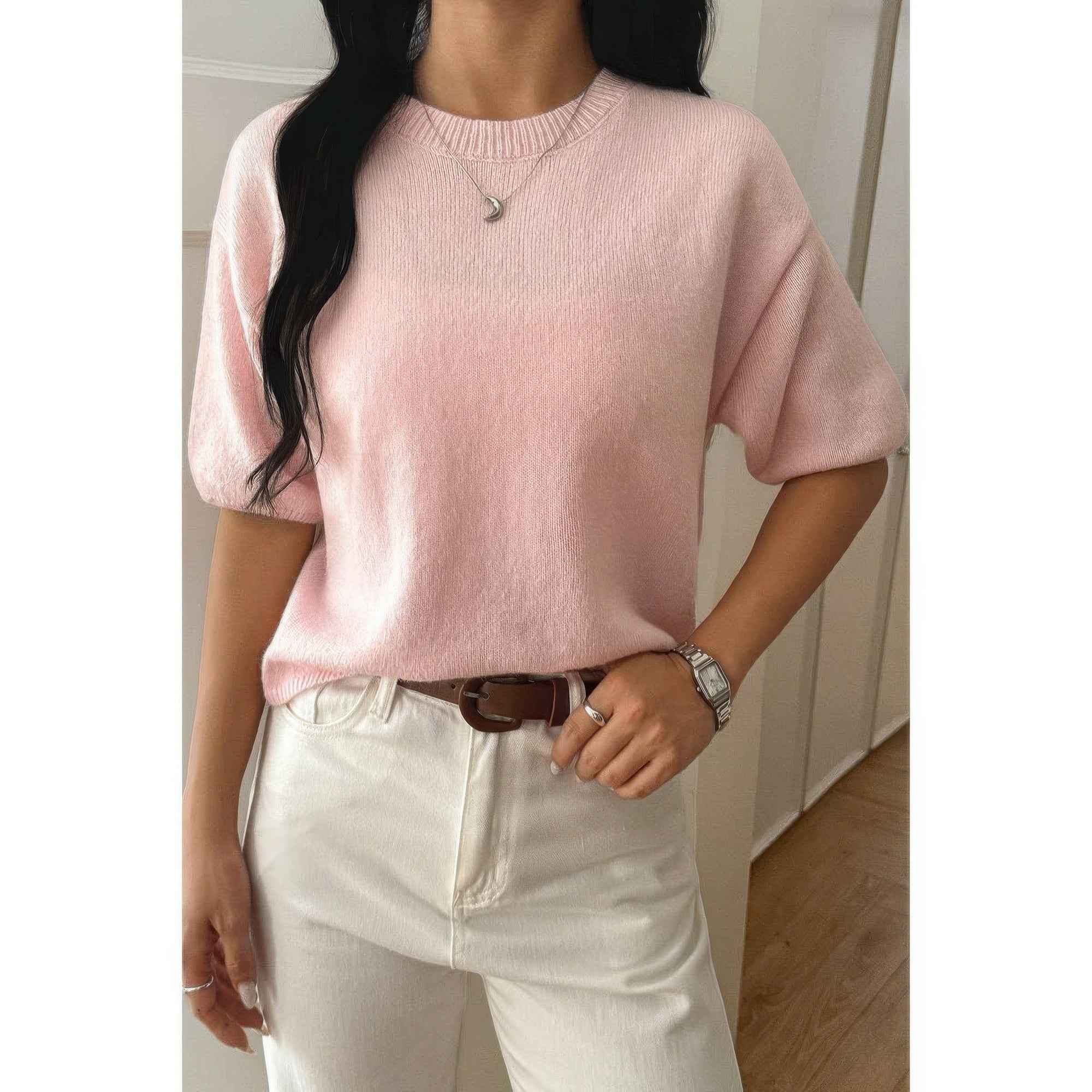 Round Neck Knit Drop Shoulder Loose Sweater Round Neck Knit Drop Shoulder Loose Sweater