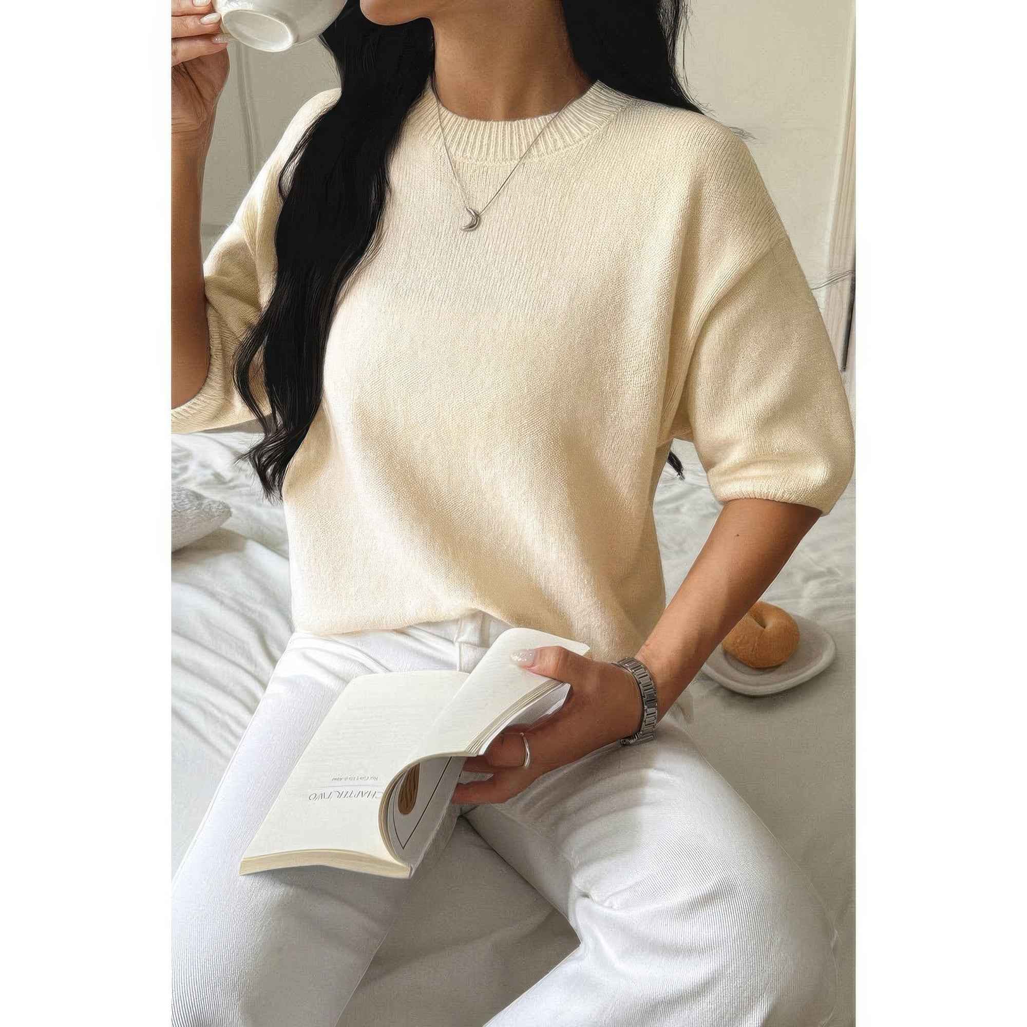 Round Neck Knit Drop Shoulder Loose Sweater Round Neck Knit Drop Shoulder Loose Sweater