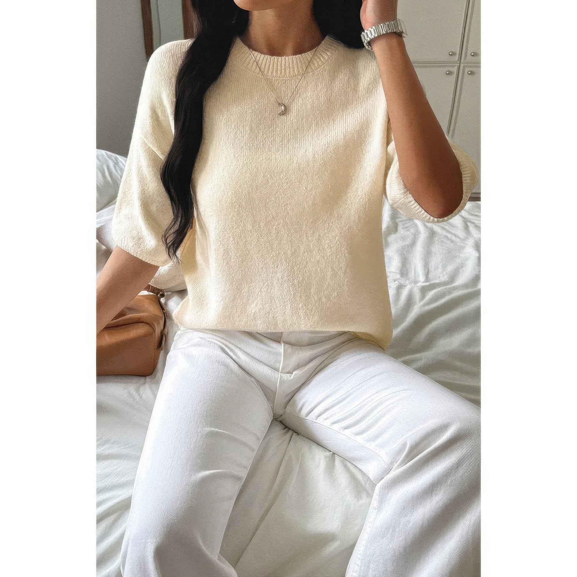 Round Neck Knit Drop Shoulder Loose Sweater Round Neck Knit Drop Shoulder Loose Sweater