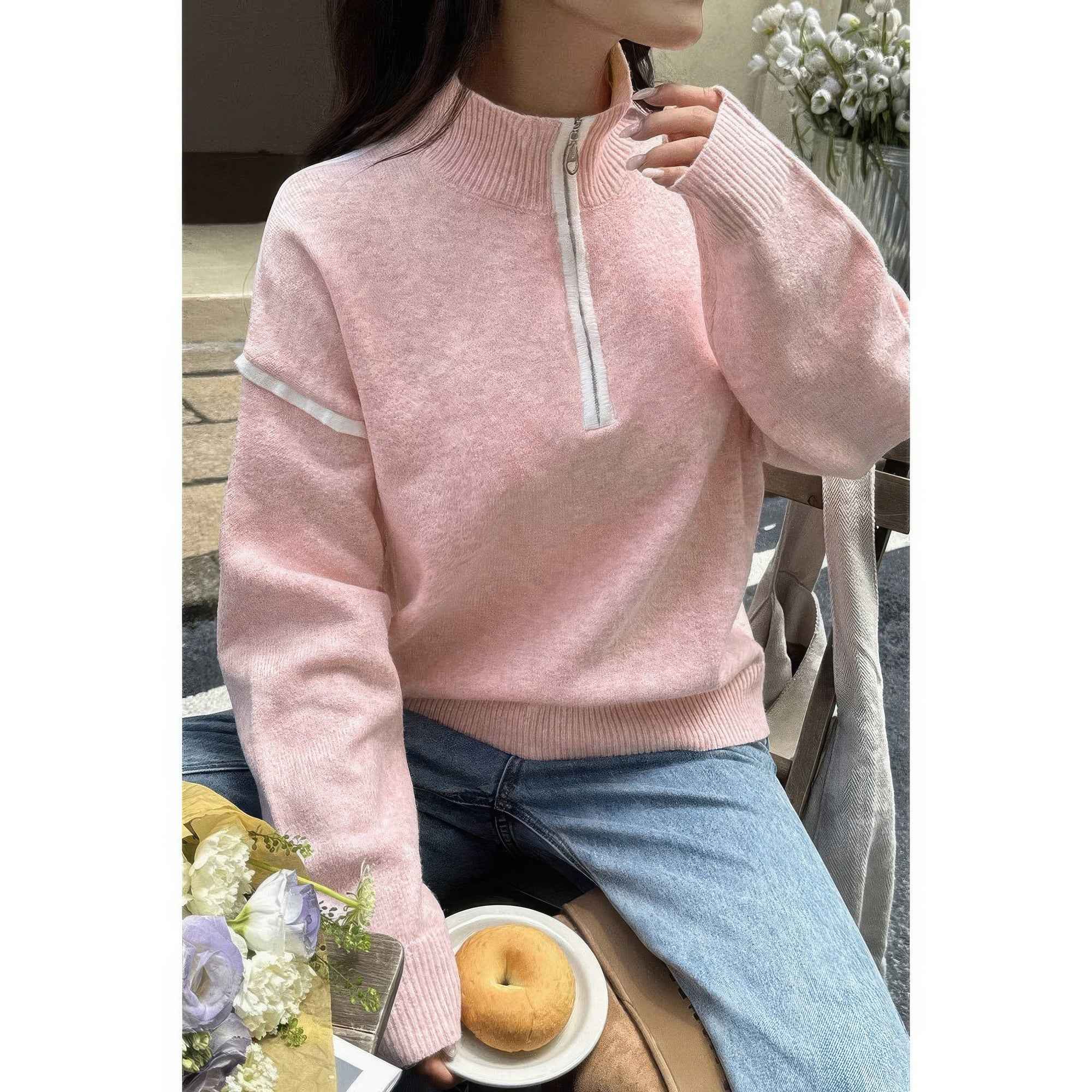 Zip Up V Neck Lapel Collar Loose Sweatshirt Zip Up V Neck Lapel Collar Loose Sweatshirt