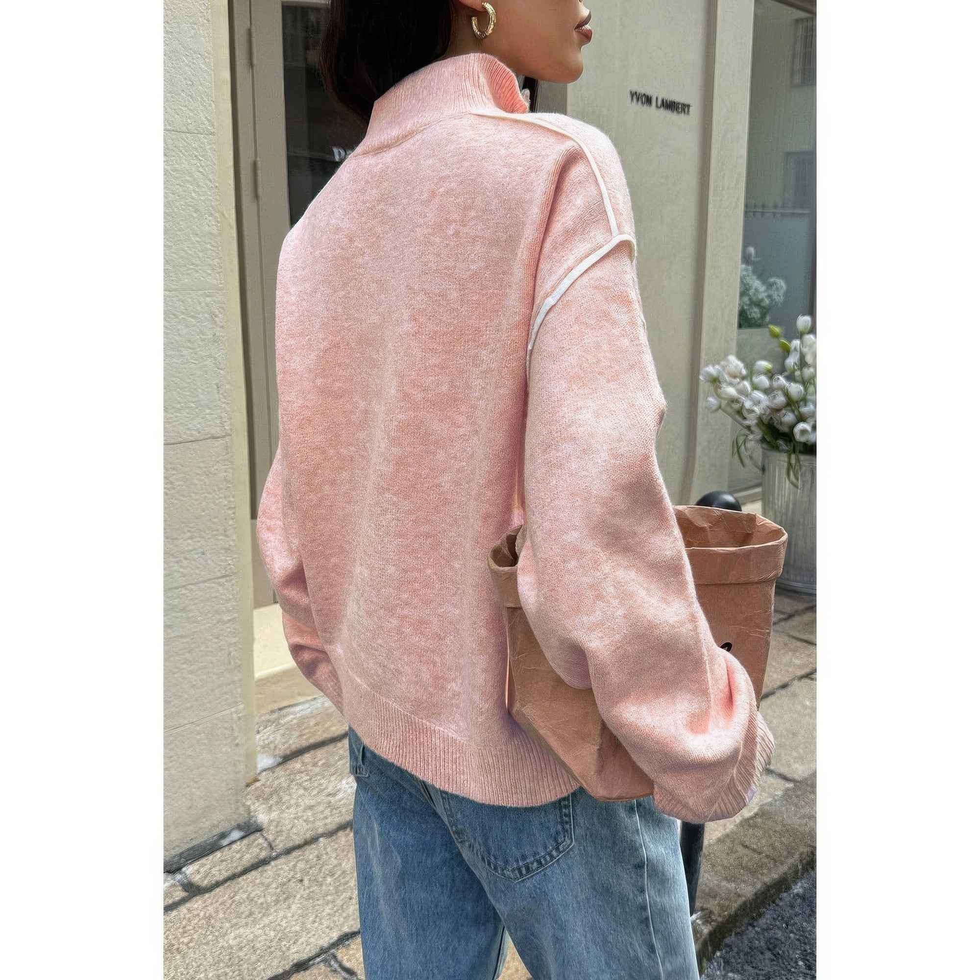 Zip Up V Neck Lapel Collar Loose Sweatshirt Zip Up V Neck Lapel Collar Loose Sweatshirt