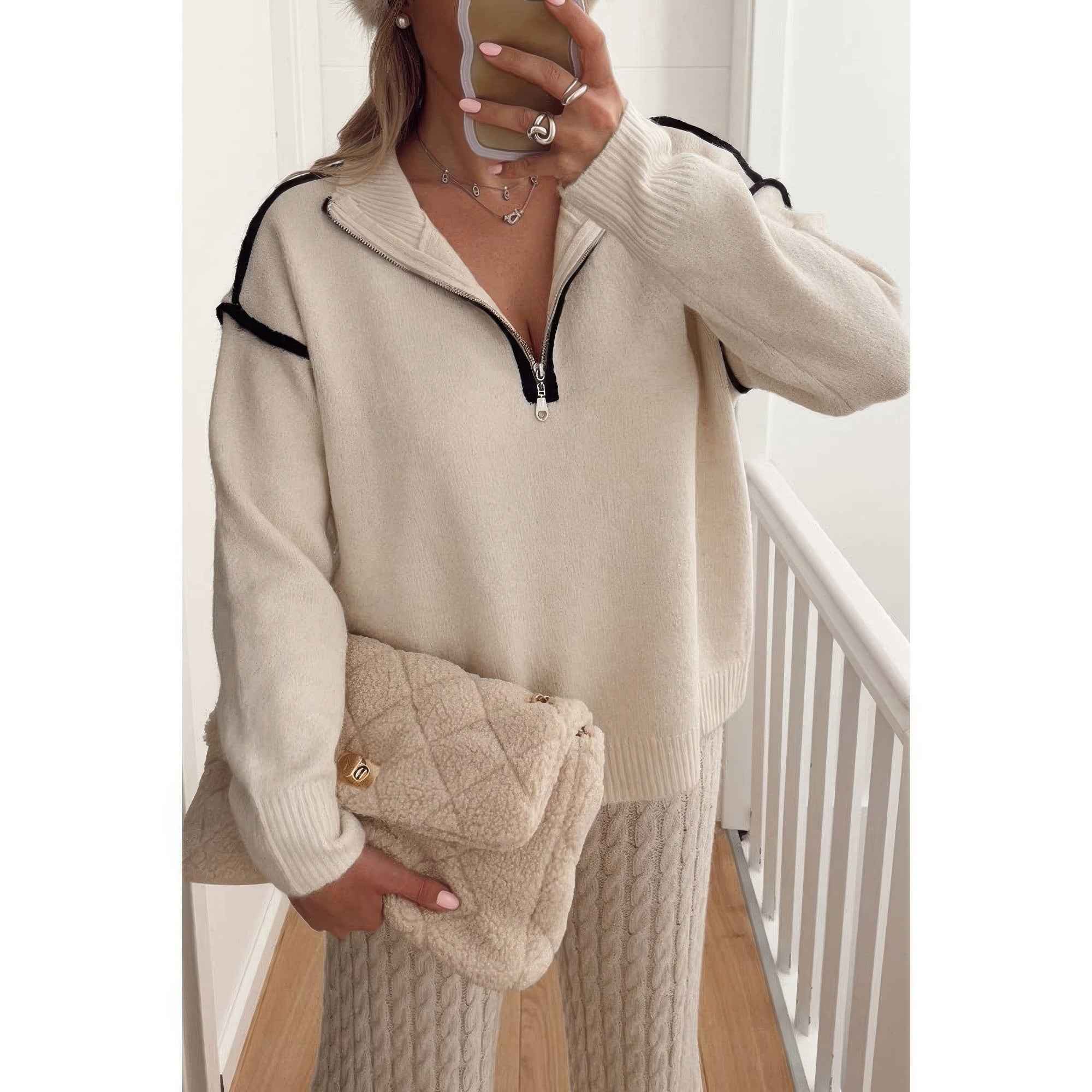 Zip Up V Neck Lapel Collar Loose Sweatshirt Zip Up V Neck Lapel Collar Loose Sweatshirt