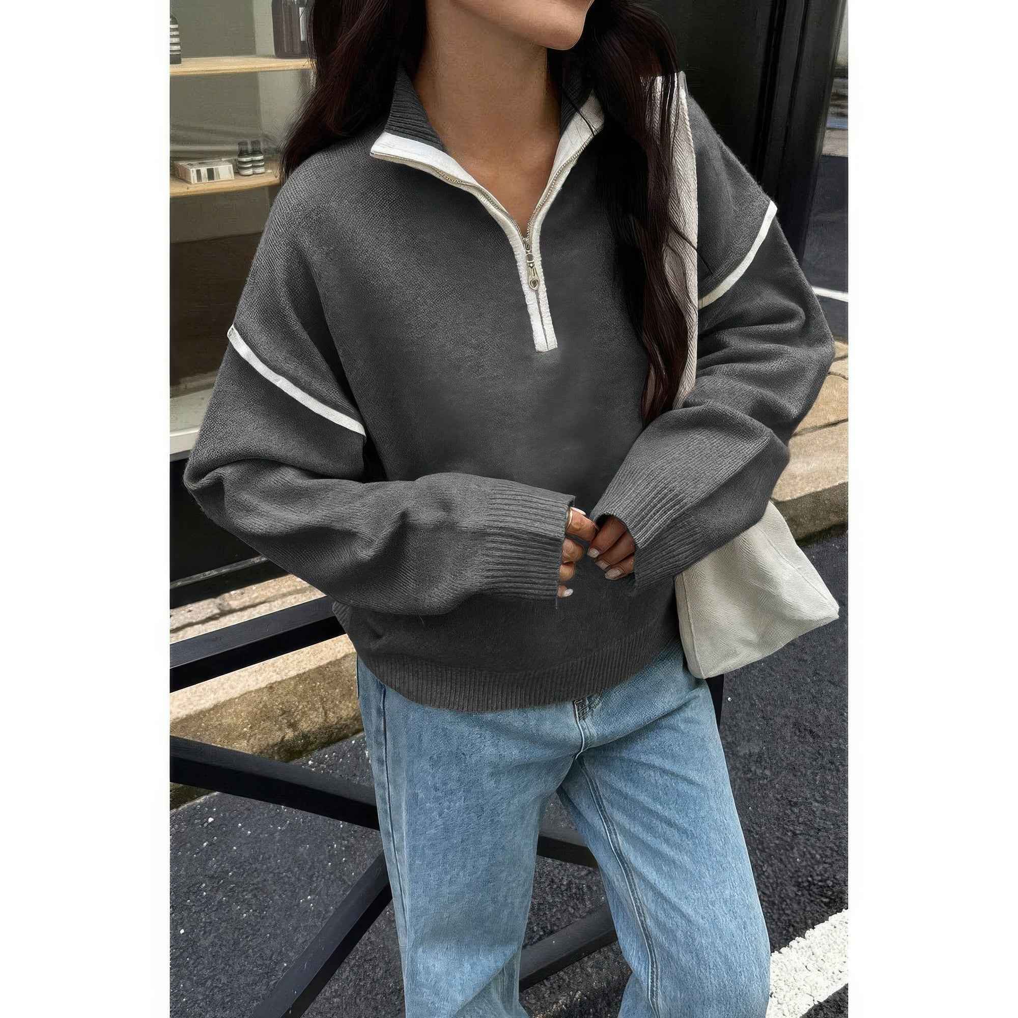 Zip Up V Neck Lapel Collar Loose Sweatshirt Zip Up V Neck Lapel Collar Loose Sweatshirt