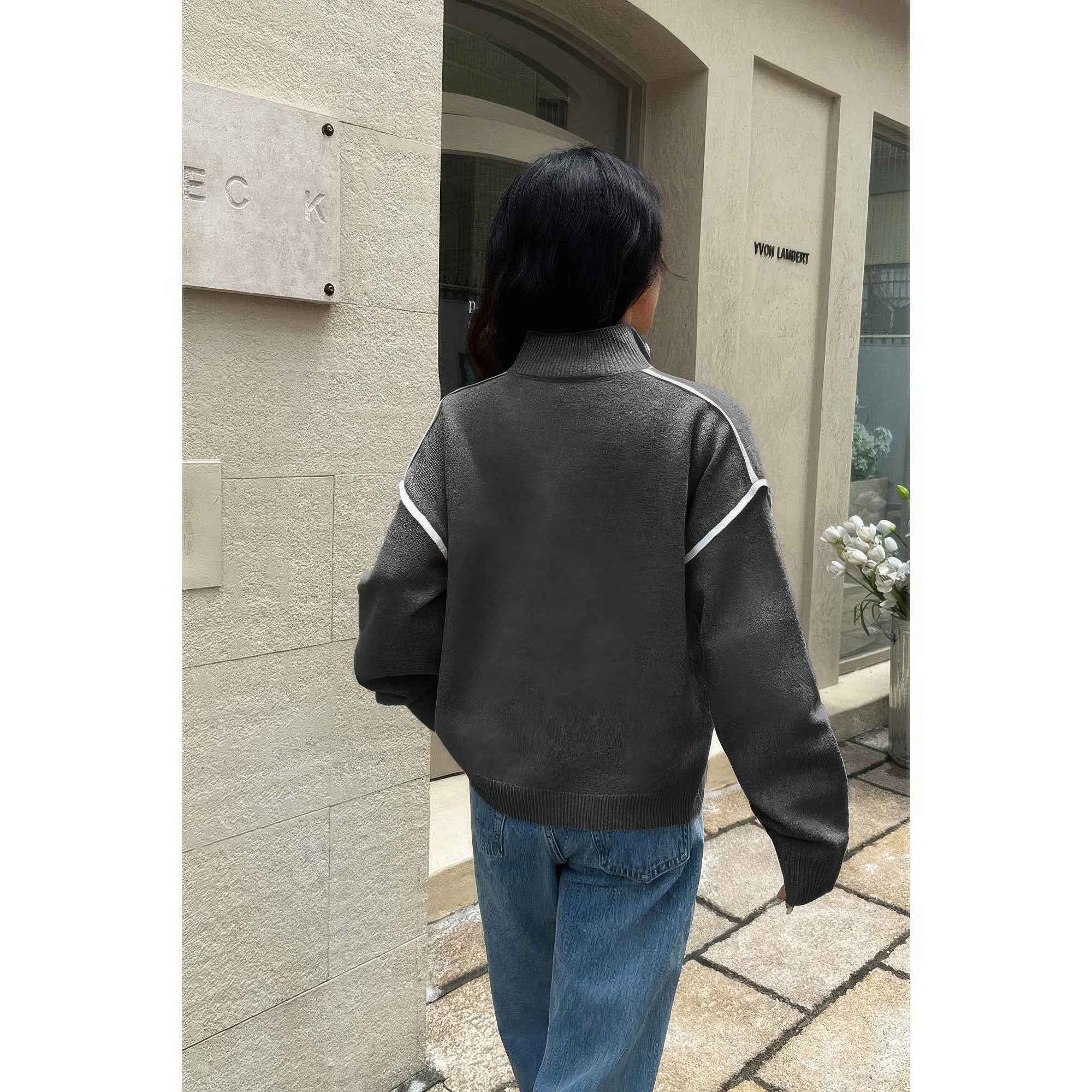 Zip Up V Neck Lapel Collar Loose Sweatshirt Zip Up V Neck Lapel Collar Loose Sweatshirt