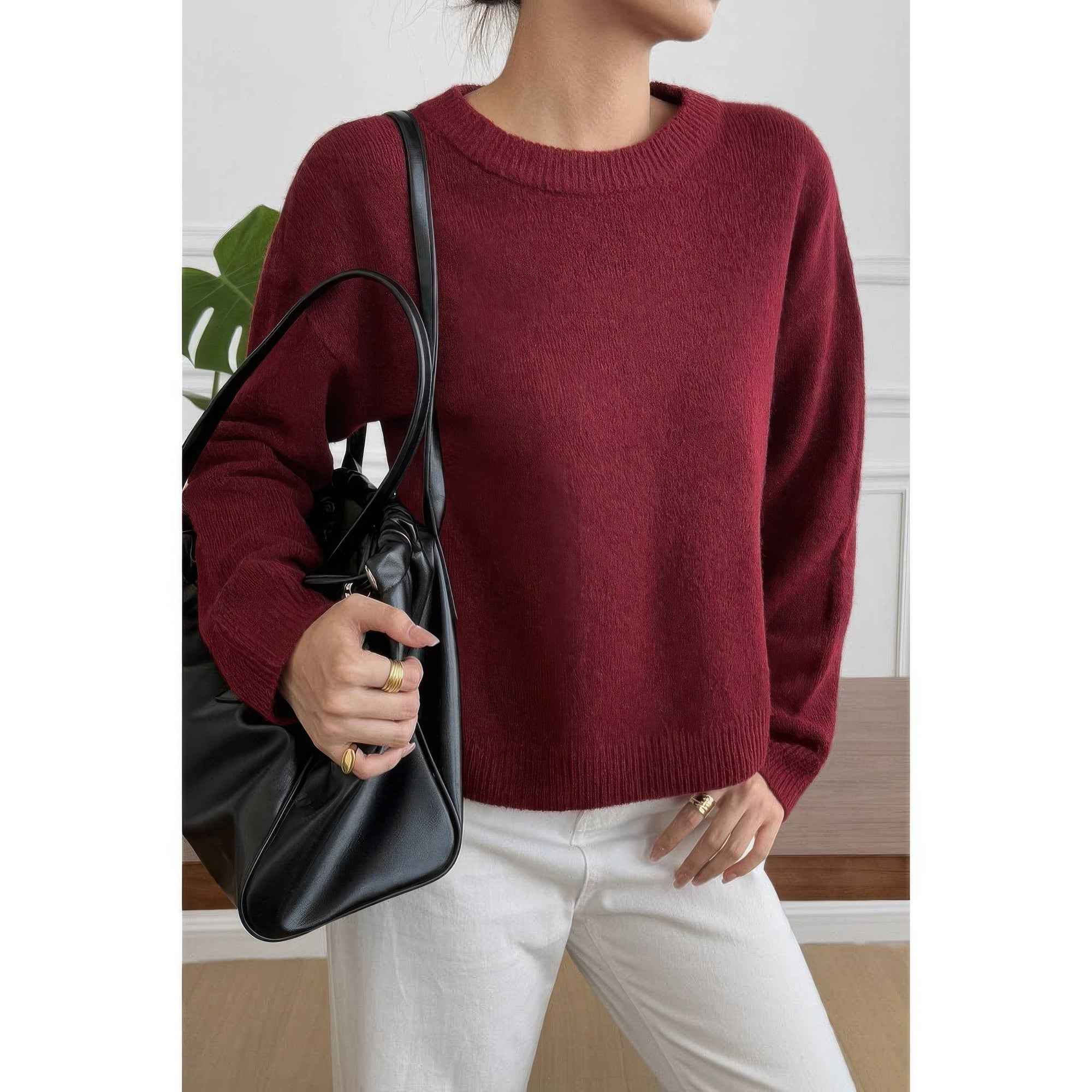 Solid Round Neck Long Sleeve Drop Shoulder Sweater Solid Round Neck Long Sleeve Drop Shoulder Sweater