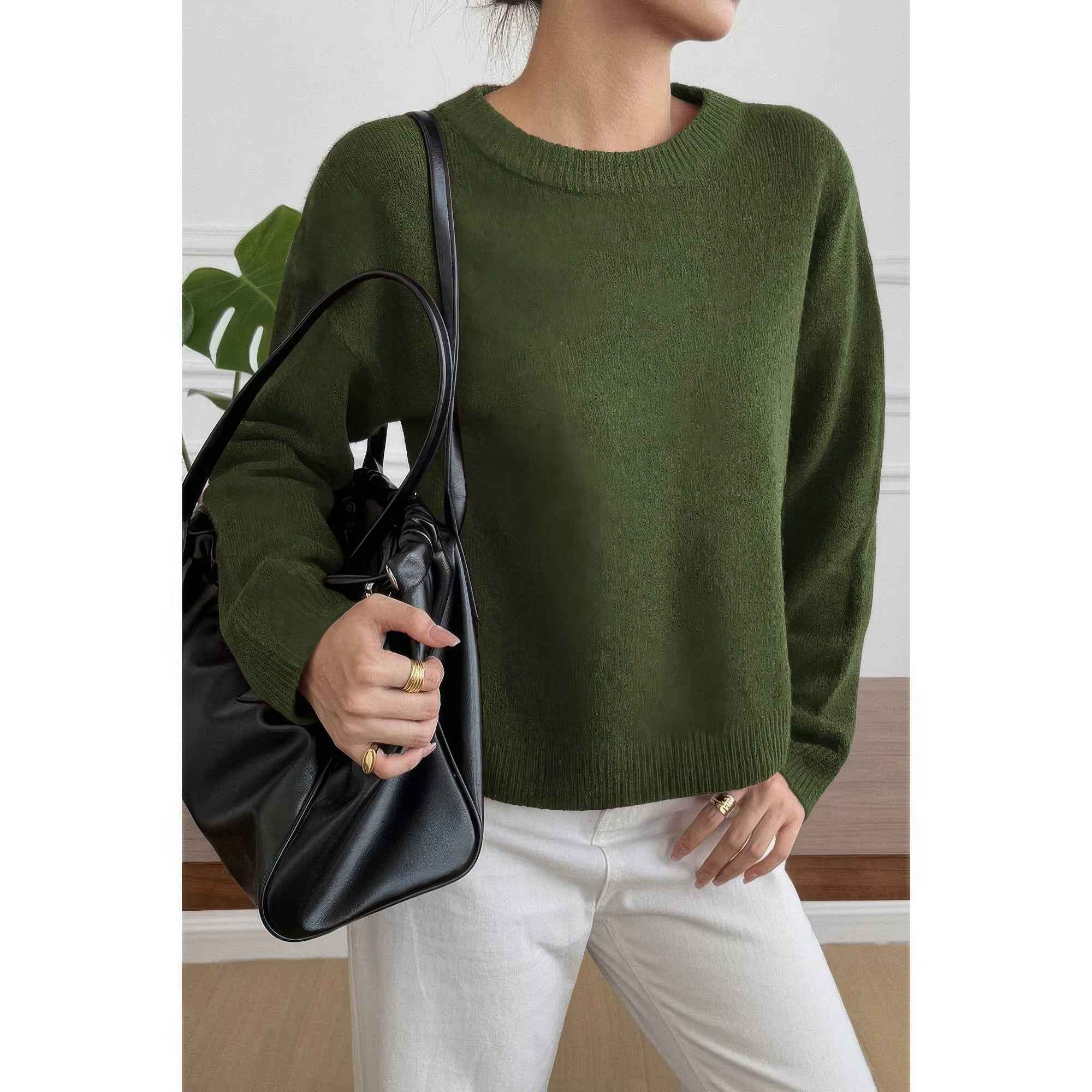 Solid Round Neck Long Sleeve Drop Shoulder Sweater Solid Round Neck Long Sleeve Drop Shoulder Sweater