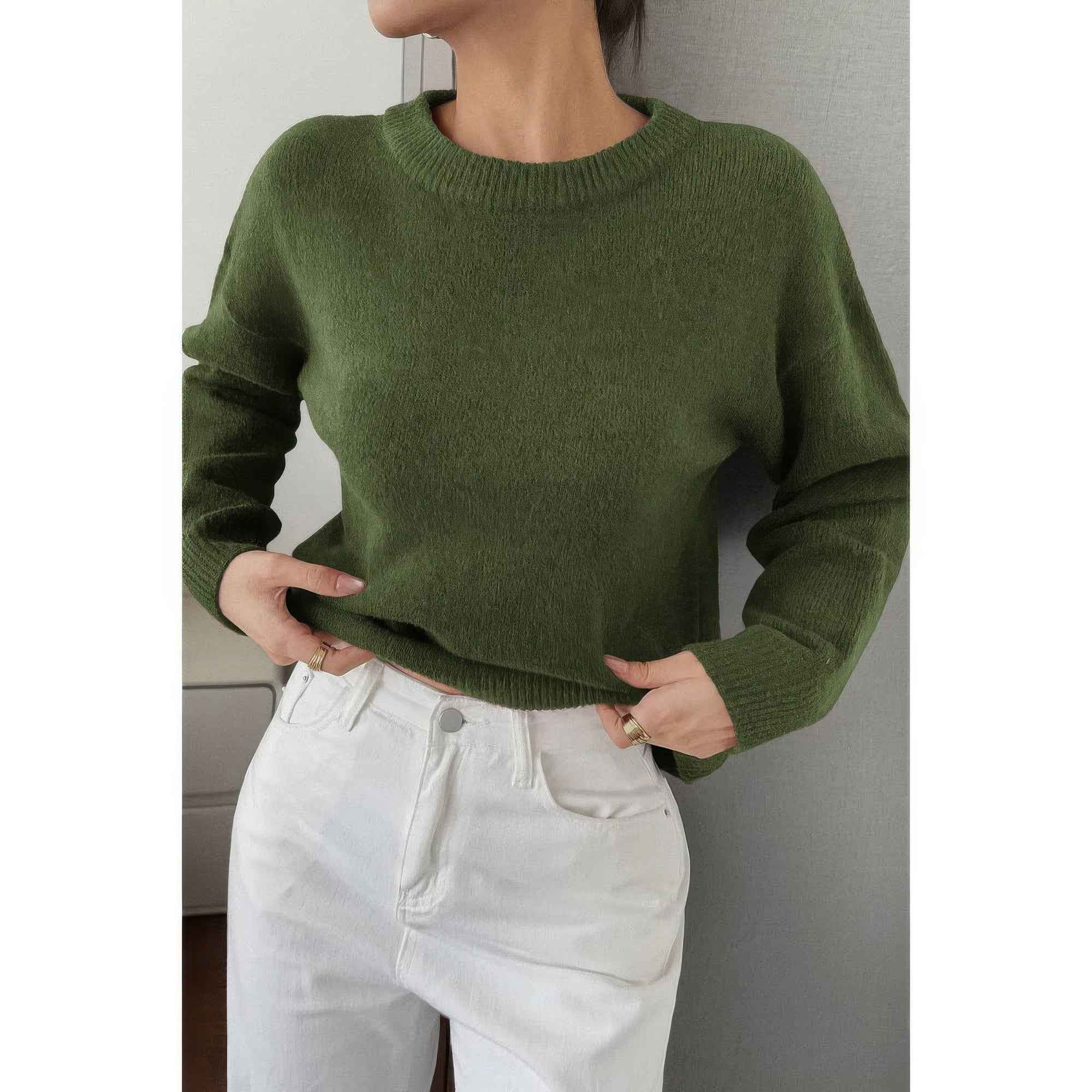 Solid Round Neck Long Sleeve Drop Shoulder Sweater Solid Round Neck Long Sleeve Drop Shoulder Sweater