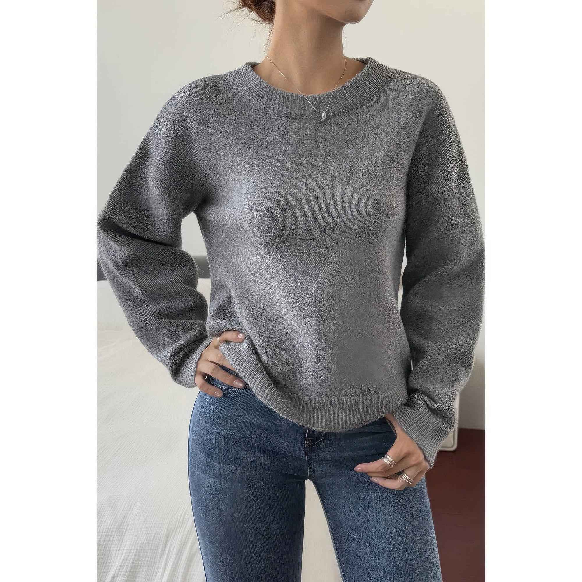 Solid Round Neck Long Sleeve Drop Shoulder Sweater Solid Round Neck Long Sleeve Drop Shoulder Sweater