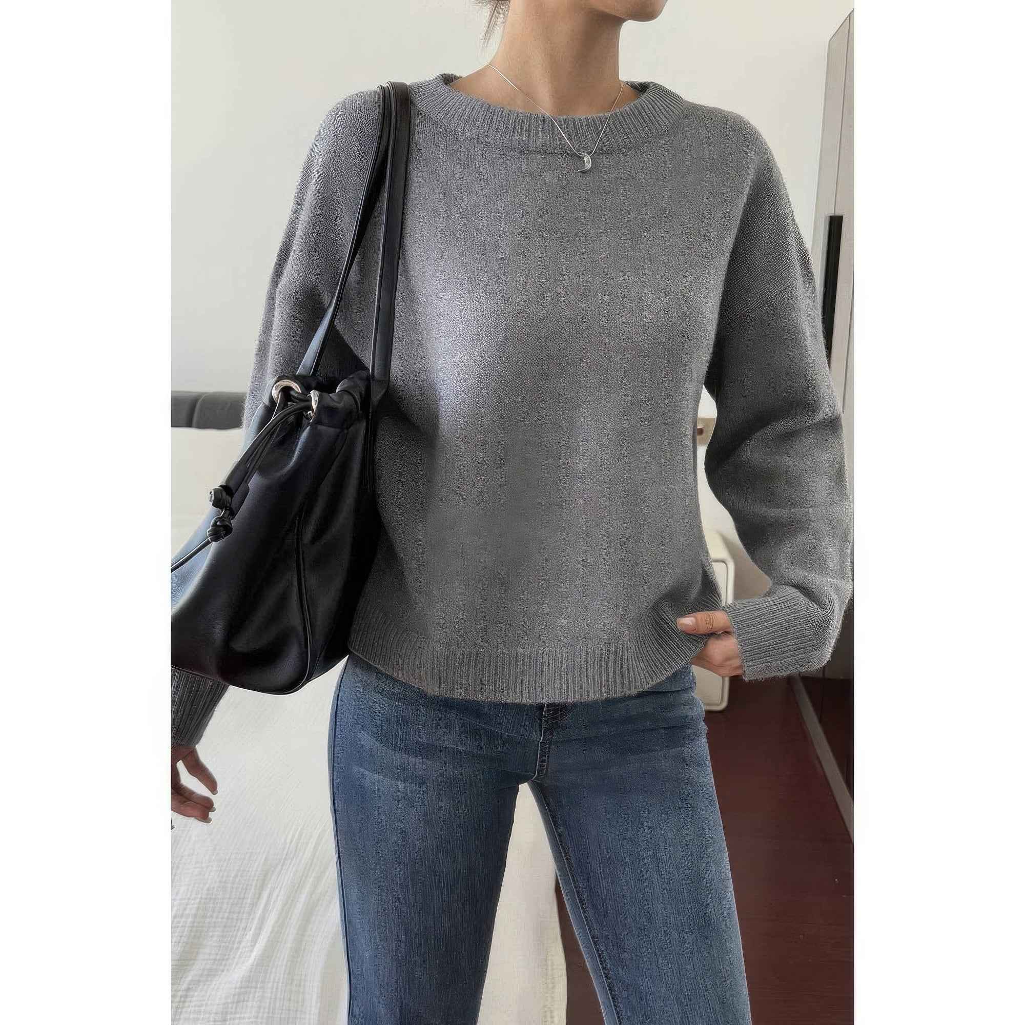 Solid Round Neck Long Sleeve Drop Shoulder Sweater Solid Round Neck Long Sleeve Drop Shoulder Sweater