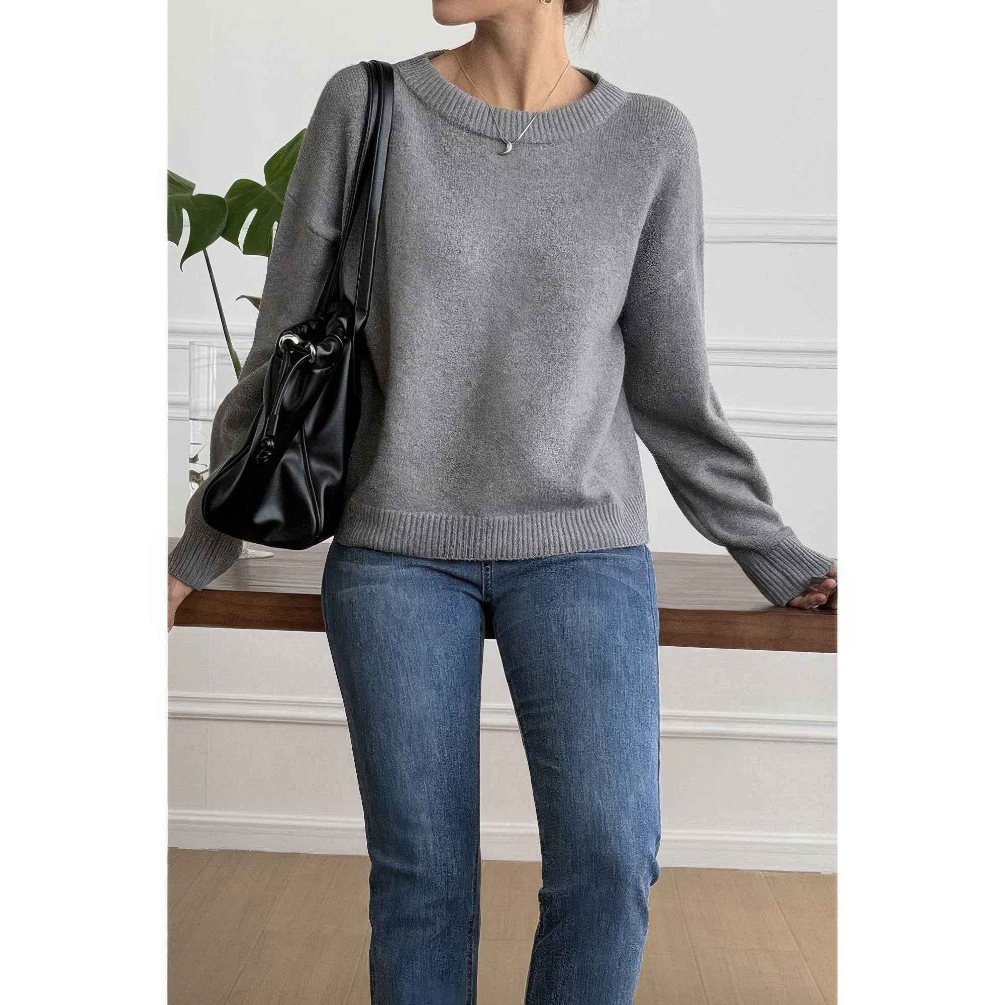 Solid Round Neck Long Sleeve Drop Shoulder Sweater Solid Round Neck Long Sleeve Drop Shoulder Sweater