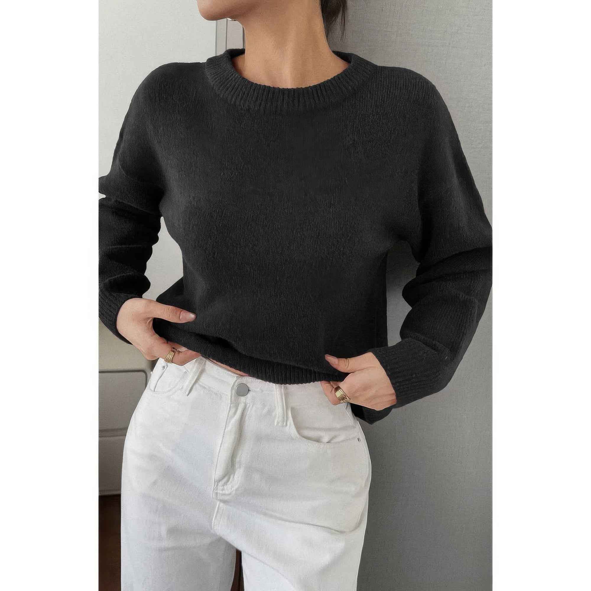 Solid Round Neck Long Sleeve Drop Shoulder Sweater Solid Round Neck Long Sleeve Drop Shoulder Sweater