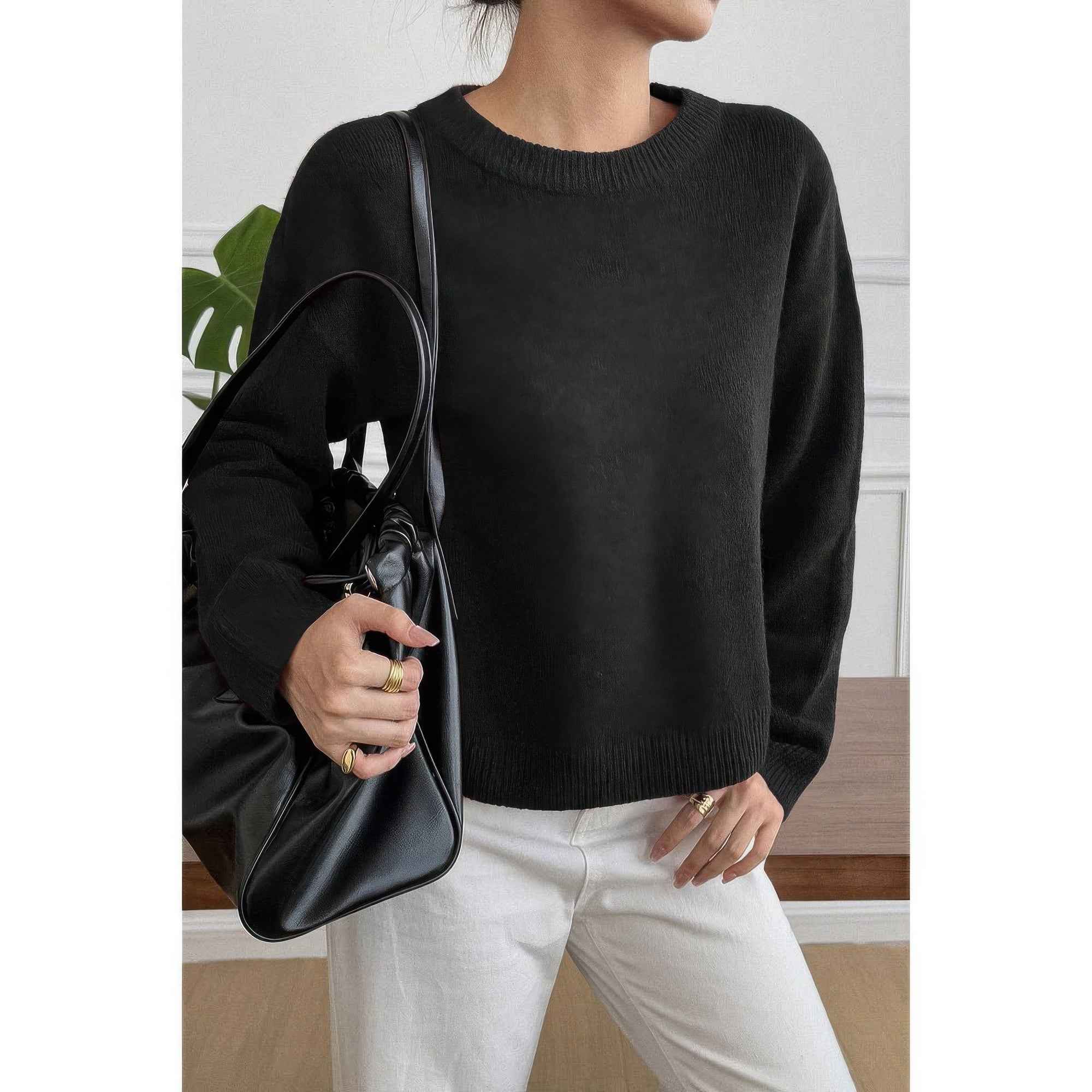 Solid Round Neck Long Sleeve Drop Shoulder Sweater Solid Round Neck Long Sleeve Drop Shoulder Sweater
