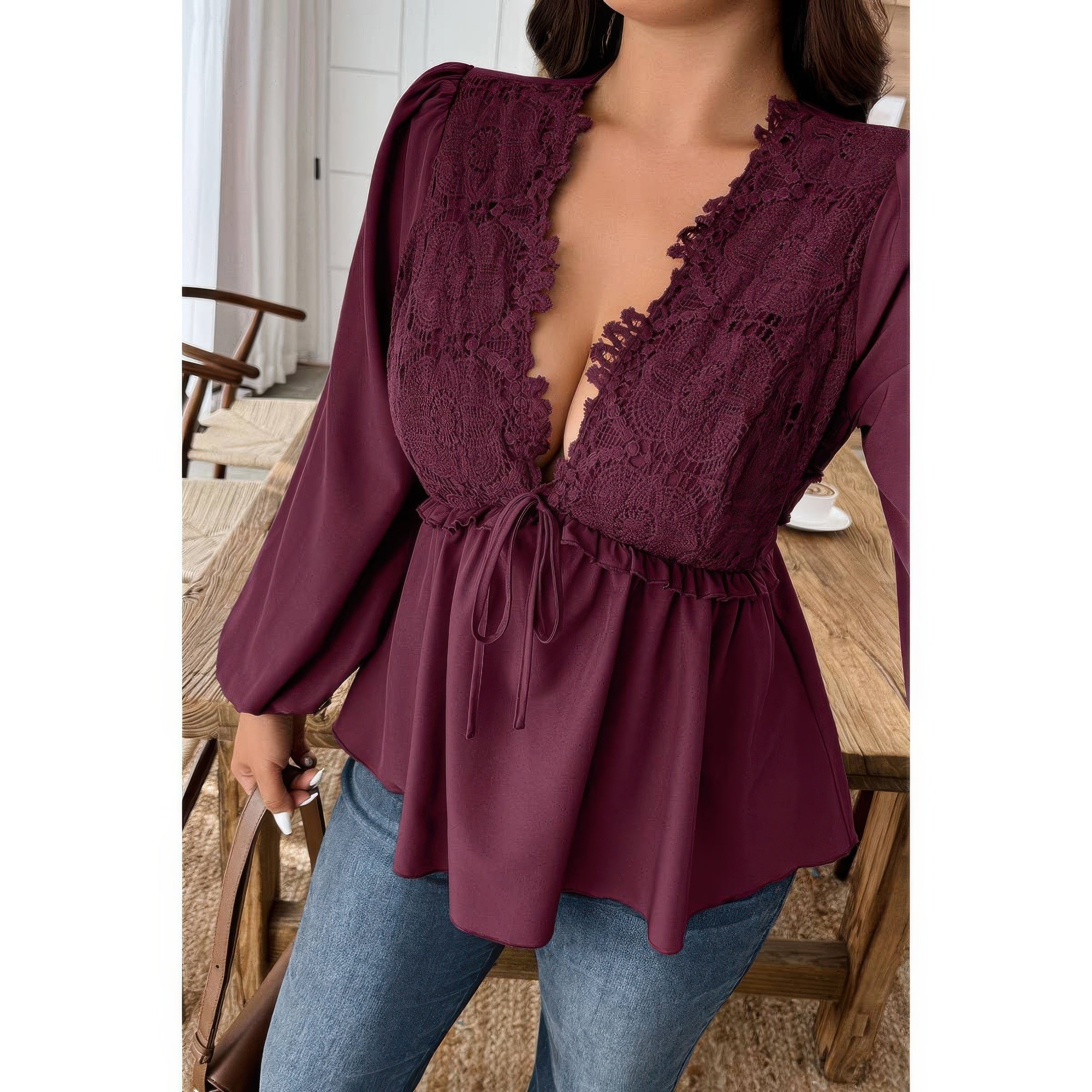 Plus Size Solid V Neck Lace Patchwork Shirt product image