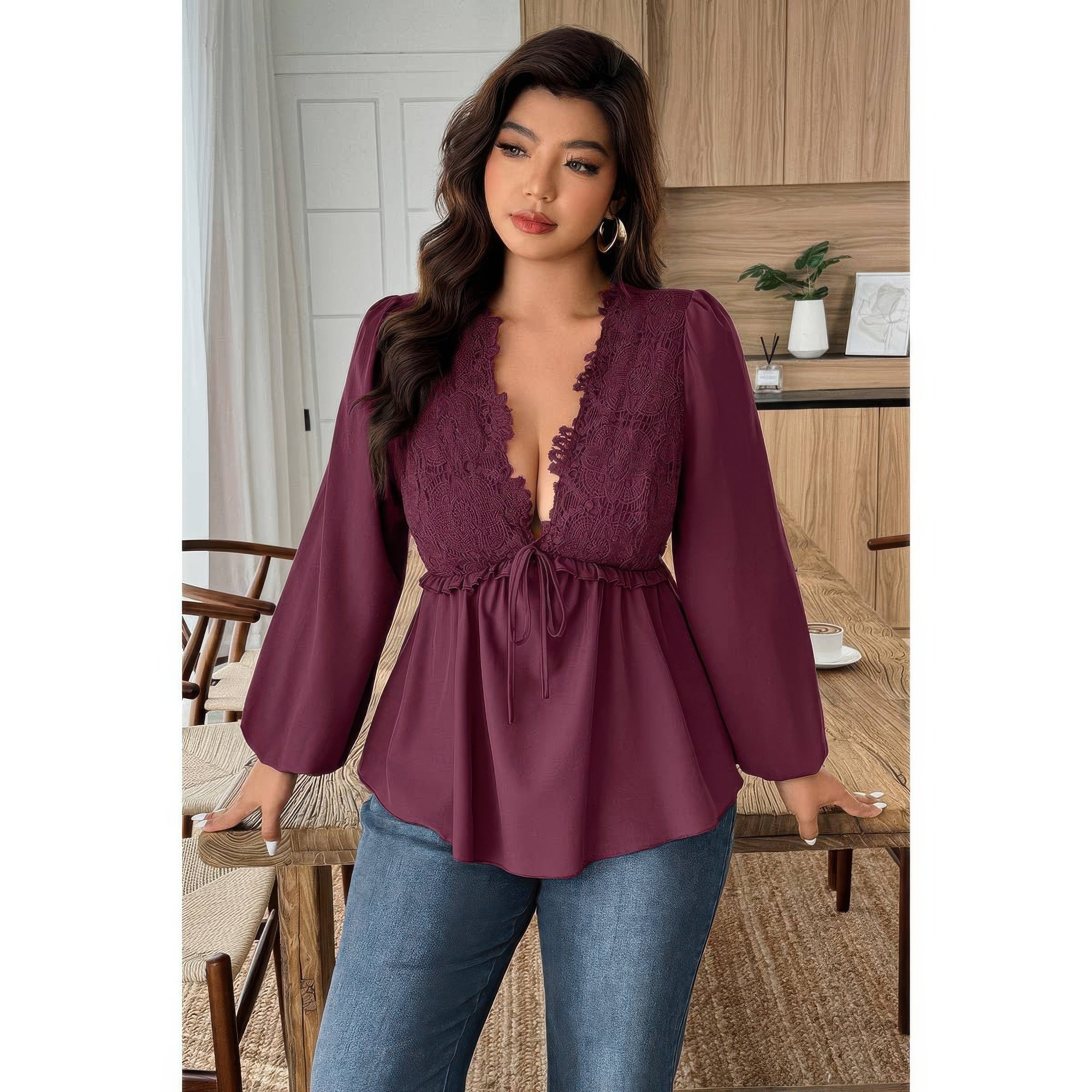 Plus Size Solid V Neck Lace Patchwork Shirt product image