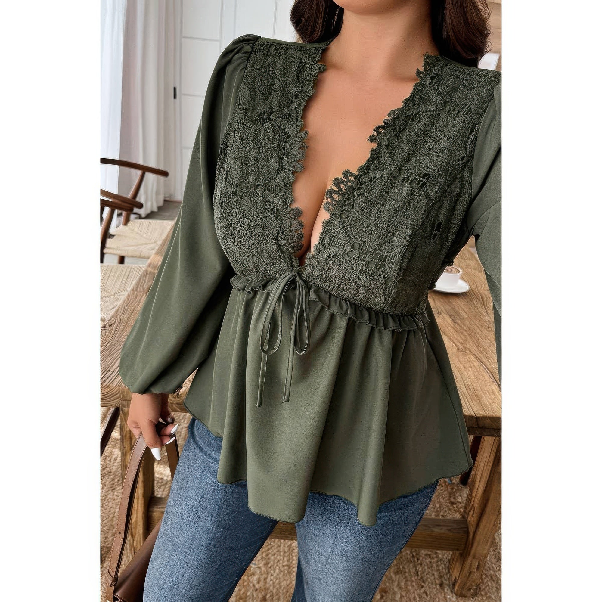 Plus Size Solid V Neck Lace Patchwork Shirt product image
