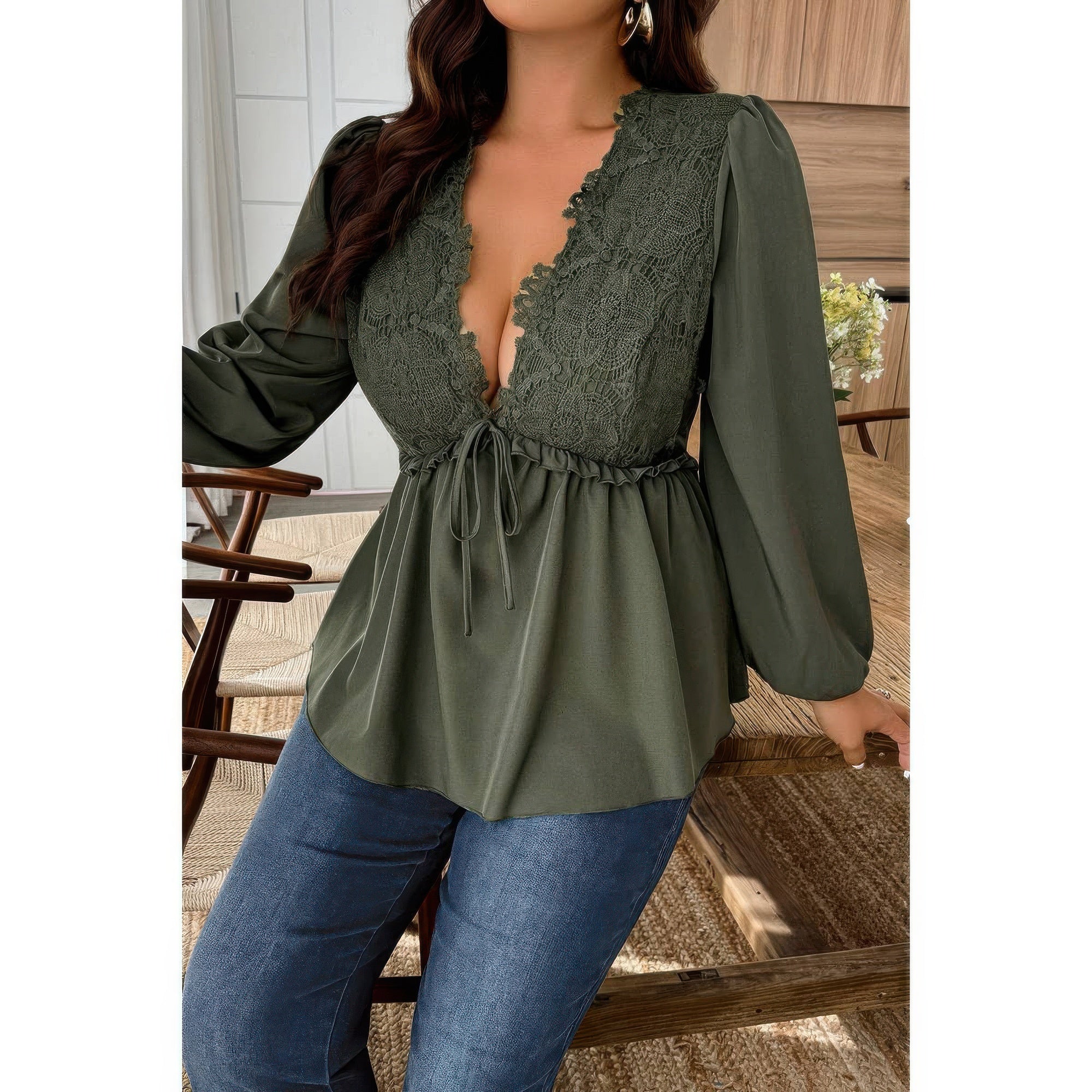 Plus Size Solid V Neck Lace Patchwork Shirt product image