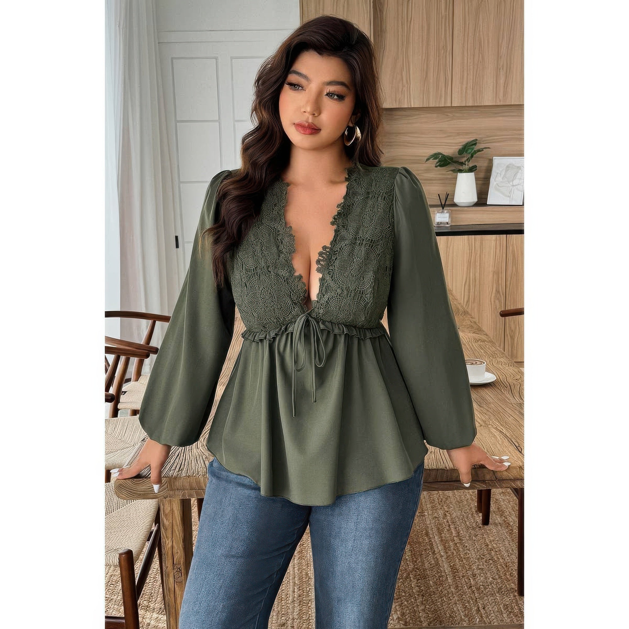 Plus Size Solid V Neck Lace Patchwork Shirt product image
