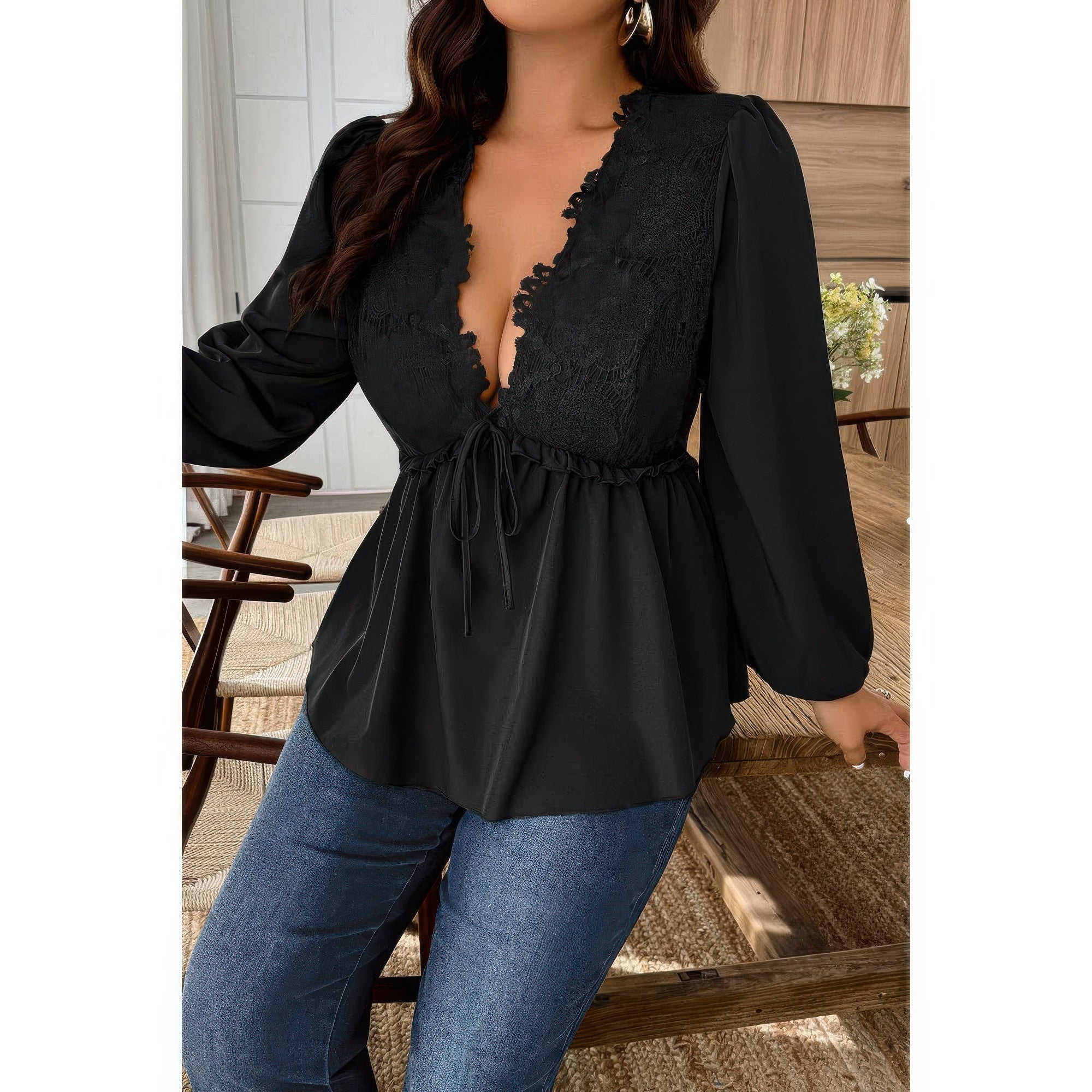 Plus Size Solid V Neck Lace Patchwork Shirt product image