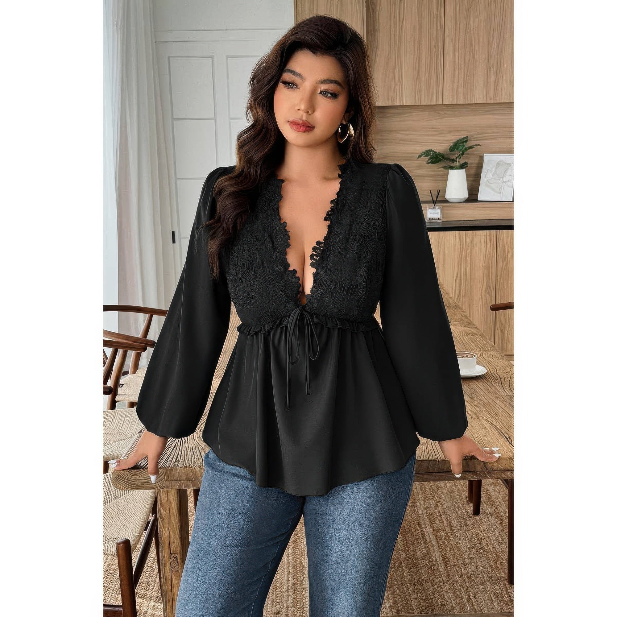 Plus Size Solid V Neck Lace Patchwork Shirt product image