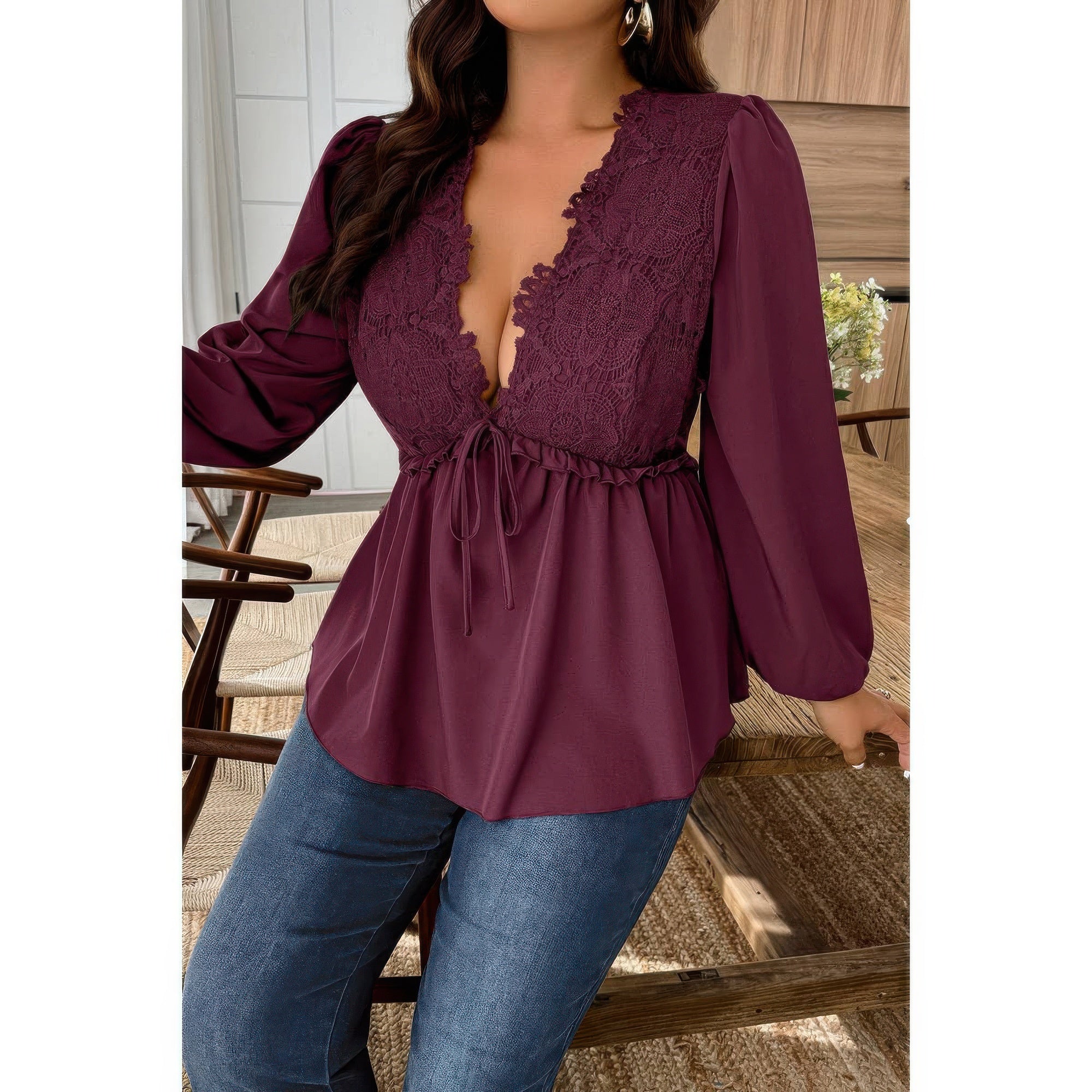 Plus Size Solid V Neck Lace Patchwork Shirt product image