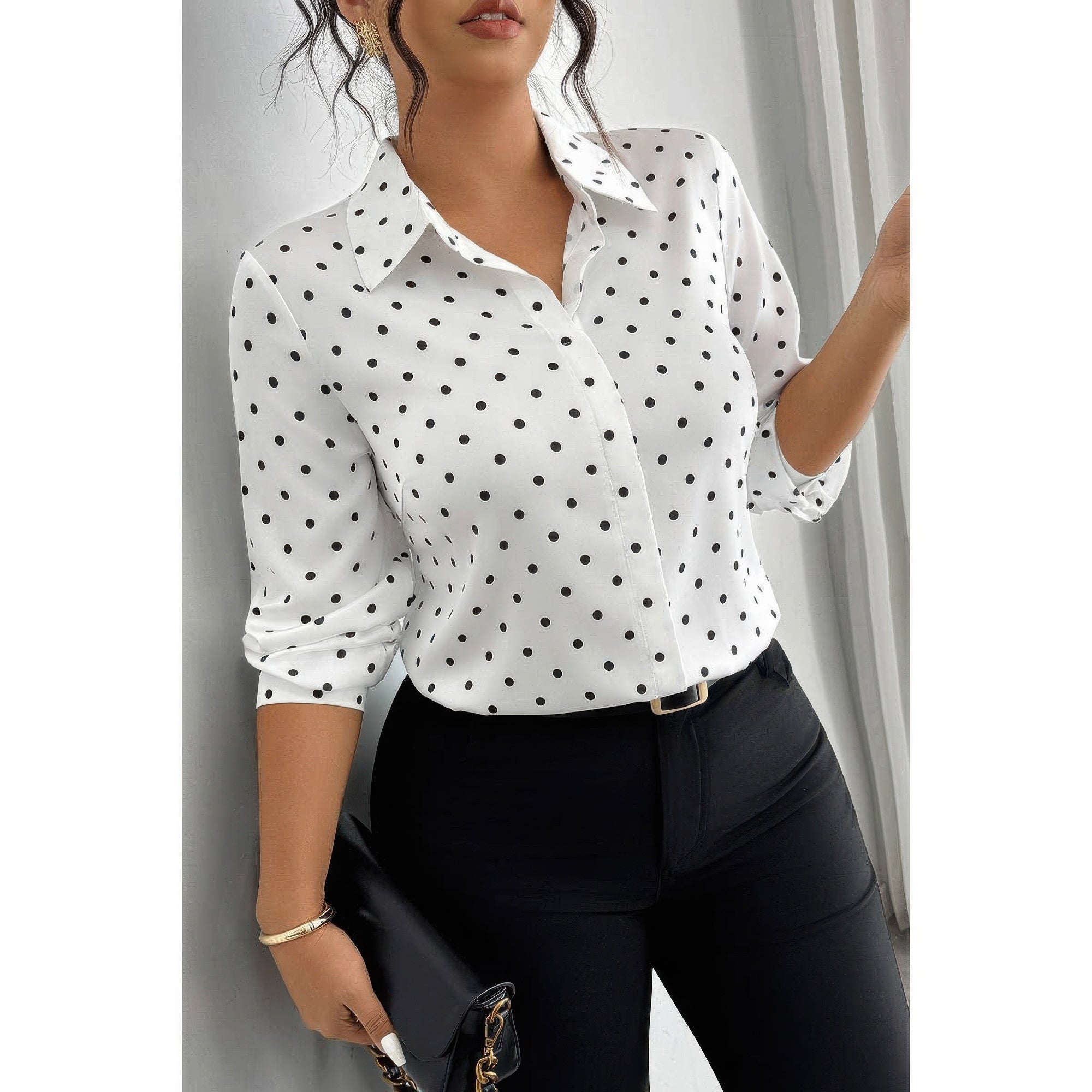 Plus Size Polka Dot Button Up Long Sleeve Shirt product image