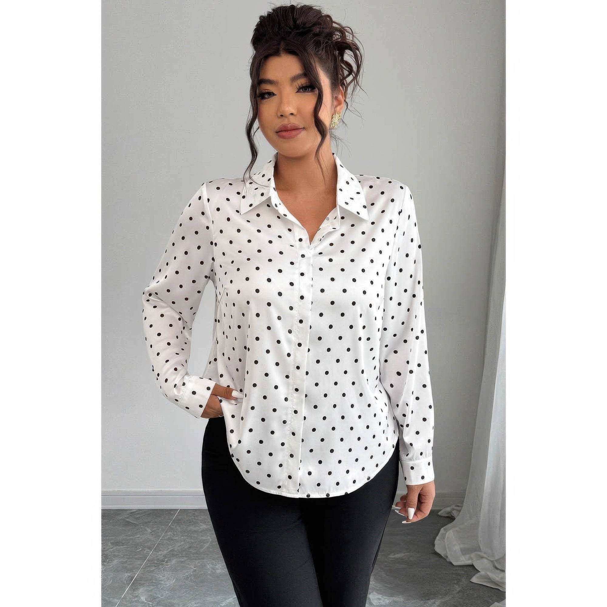 Plus Size Polka Dot Button Up Long Sleeve Shirt product image