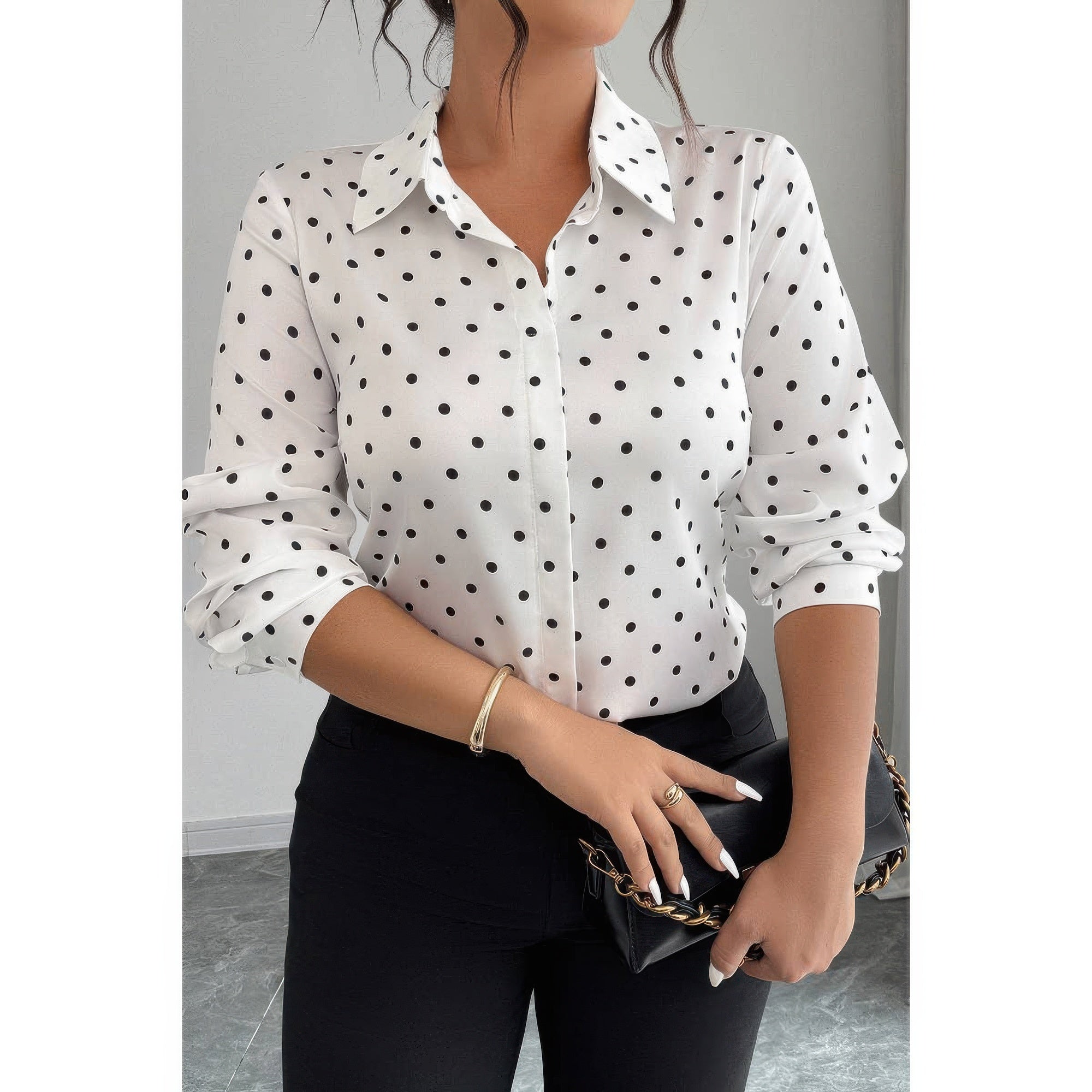 Plus Size Polka Dot Button Up Long Sleeve Shirt product image