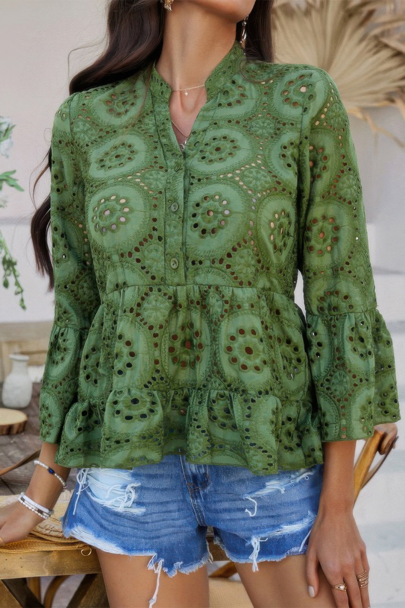 Solid Half Button Flounce Sleeve Peplum Blouse product image