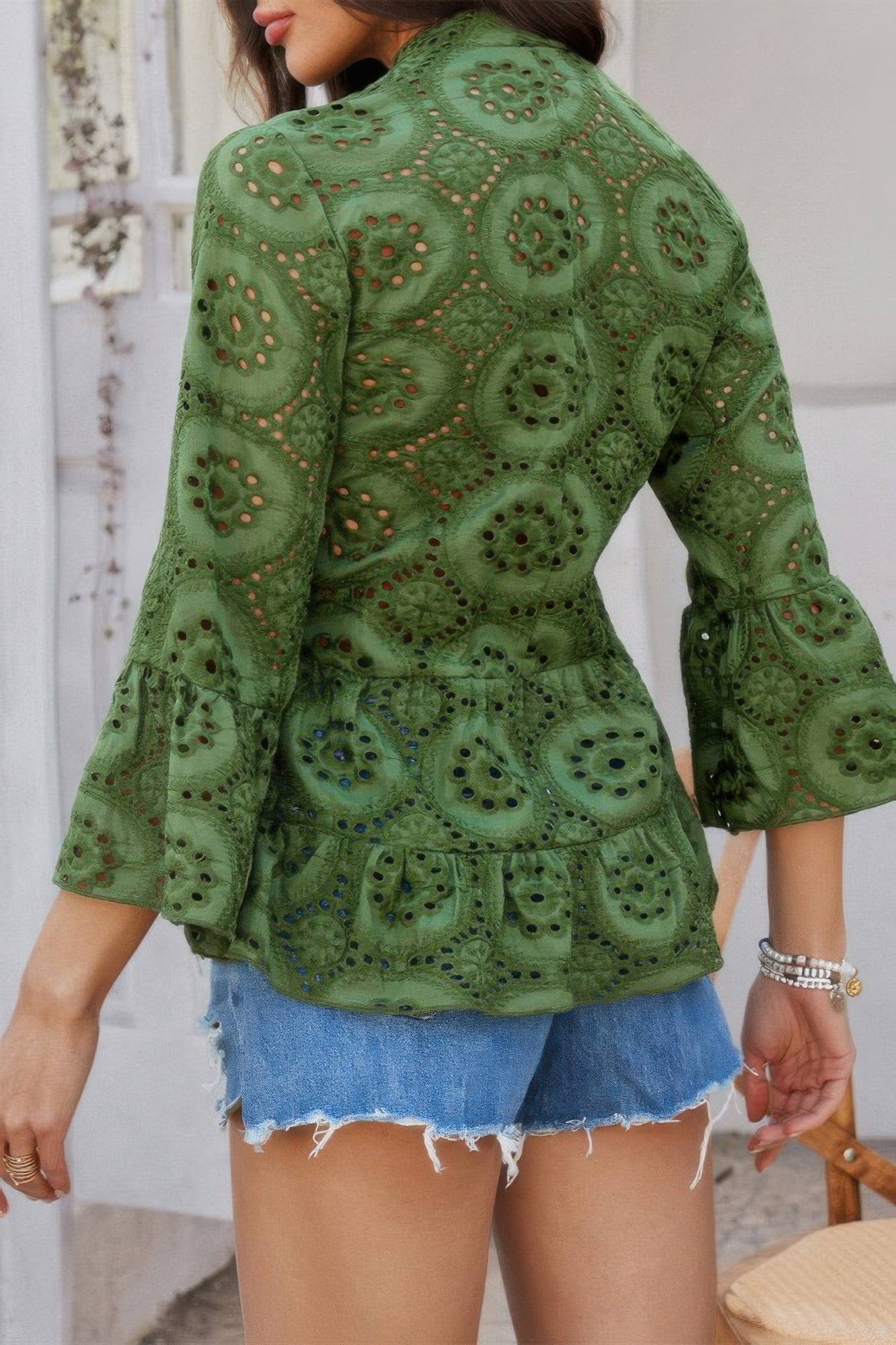 Solid Half Button Flounce Sleeve Peplum Blouse product image