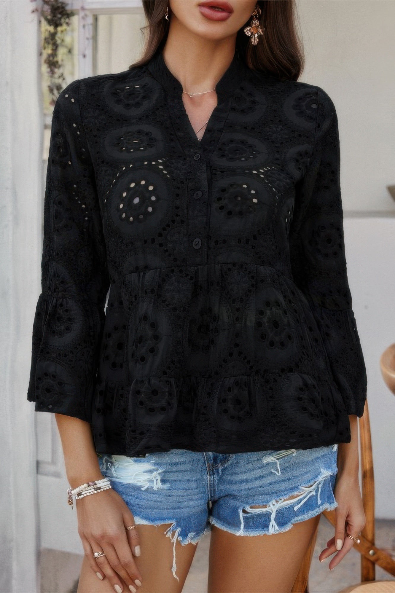 Solid Half Button Flounce Sleeve Peplum Blouse product image