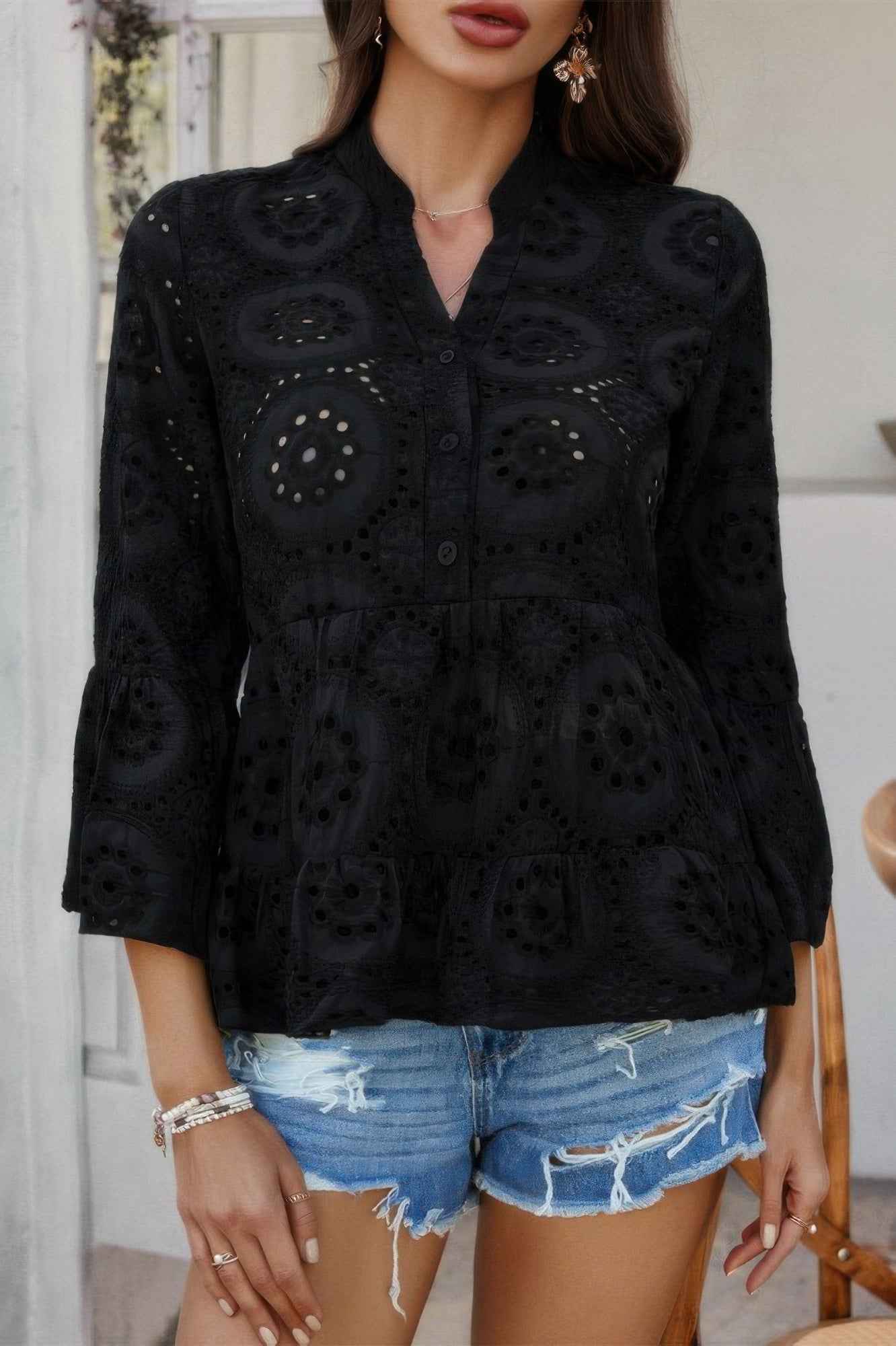 Solid Half Button Flounce Sleeve Peplum Blouse Solid Half Button Flounce Sleeve Peplum Blouse