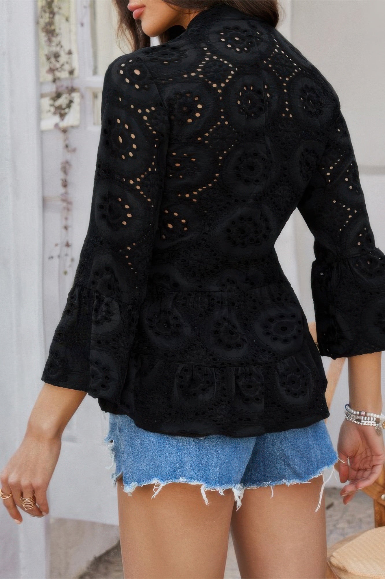 Solid Half Button Flounce Sleeve Peplum Blouse product image