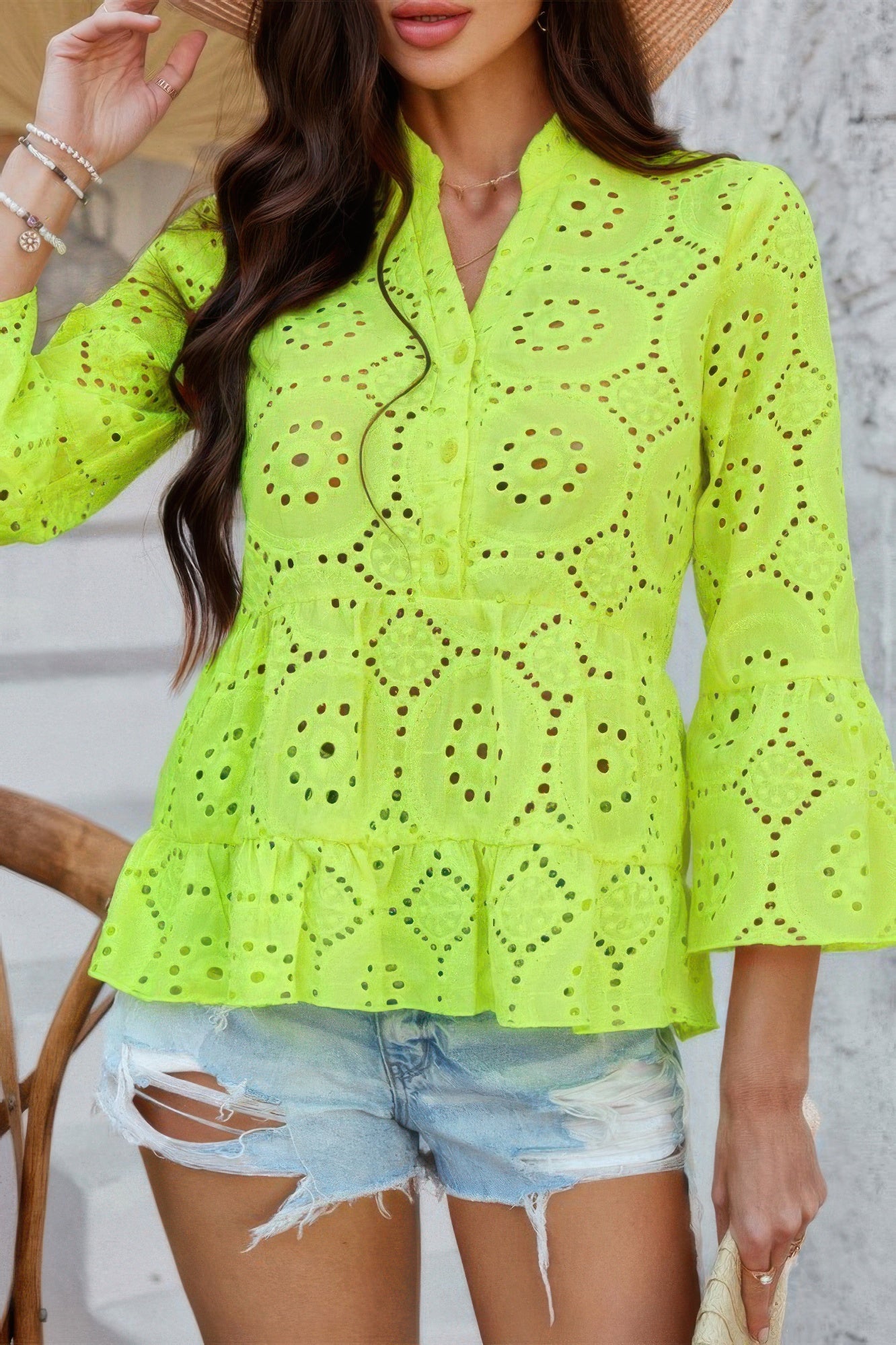 Solid Half Button Flounce Sleeve Peplum Blouse product image