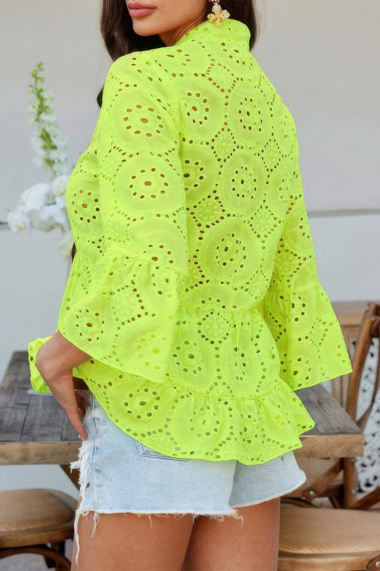 Solid Half Button Flounce Sleeve Peplum Blouse product image