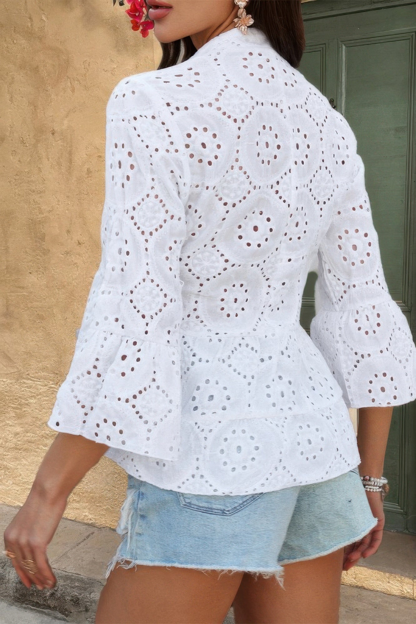 Solid Half Button Flounce Sleeve Peplum Blouse product image