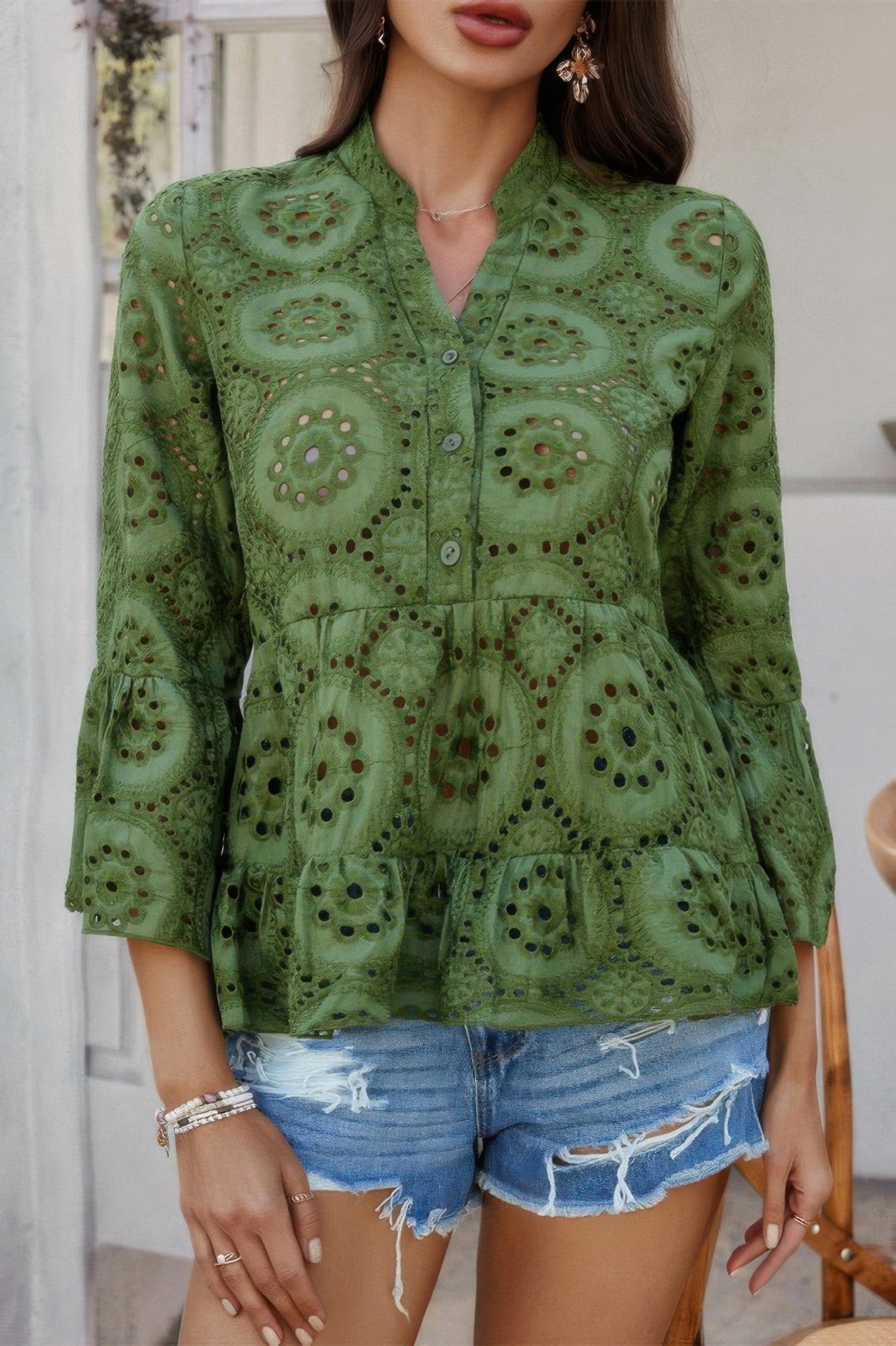 Solid Half Button Flounce Sleeve Peplum Blouse product image