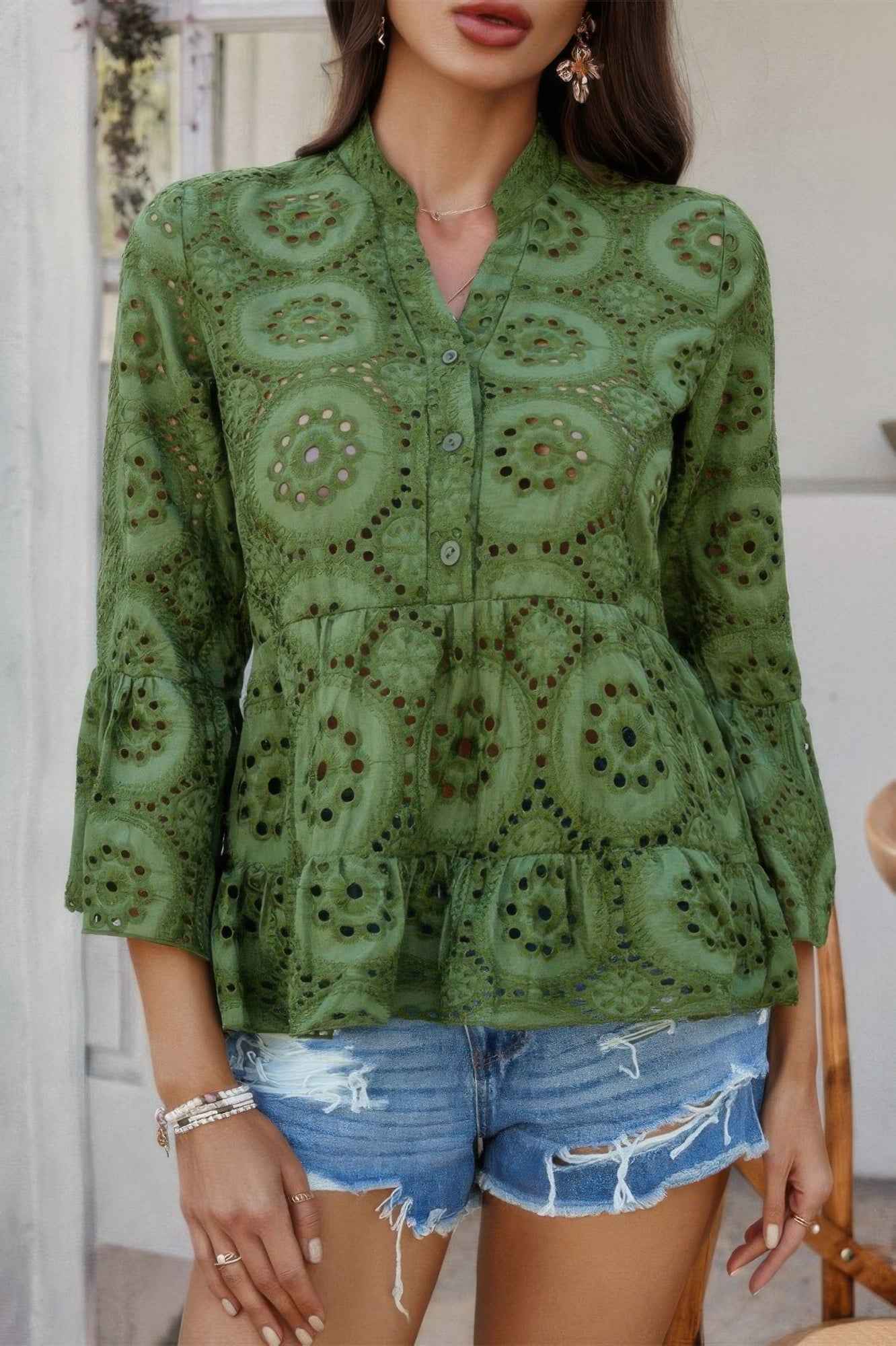 Solid Half Button Flounce Sleeve Peplum Blouse Solid Half Button Flounce Sleeve Peplum Blouse