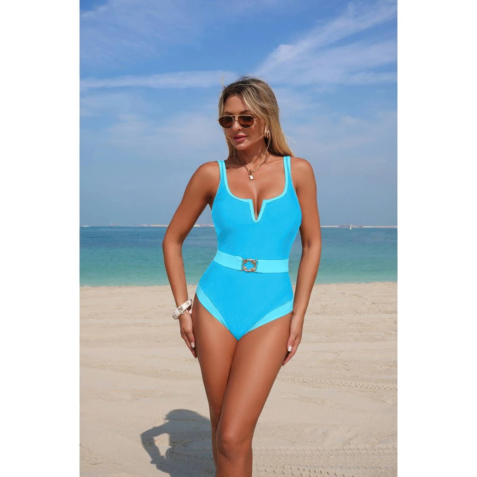 One Piece Color Block Metal Buckle Belt Swimsuit product image
