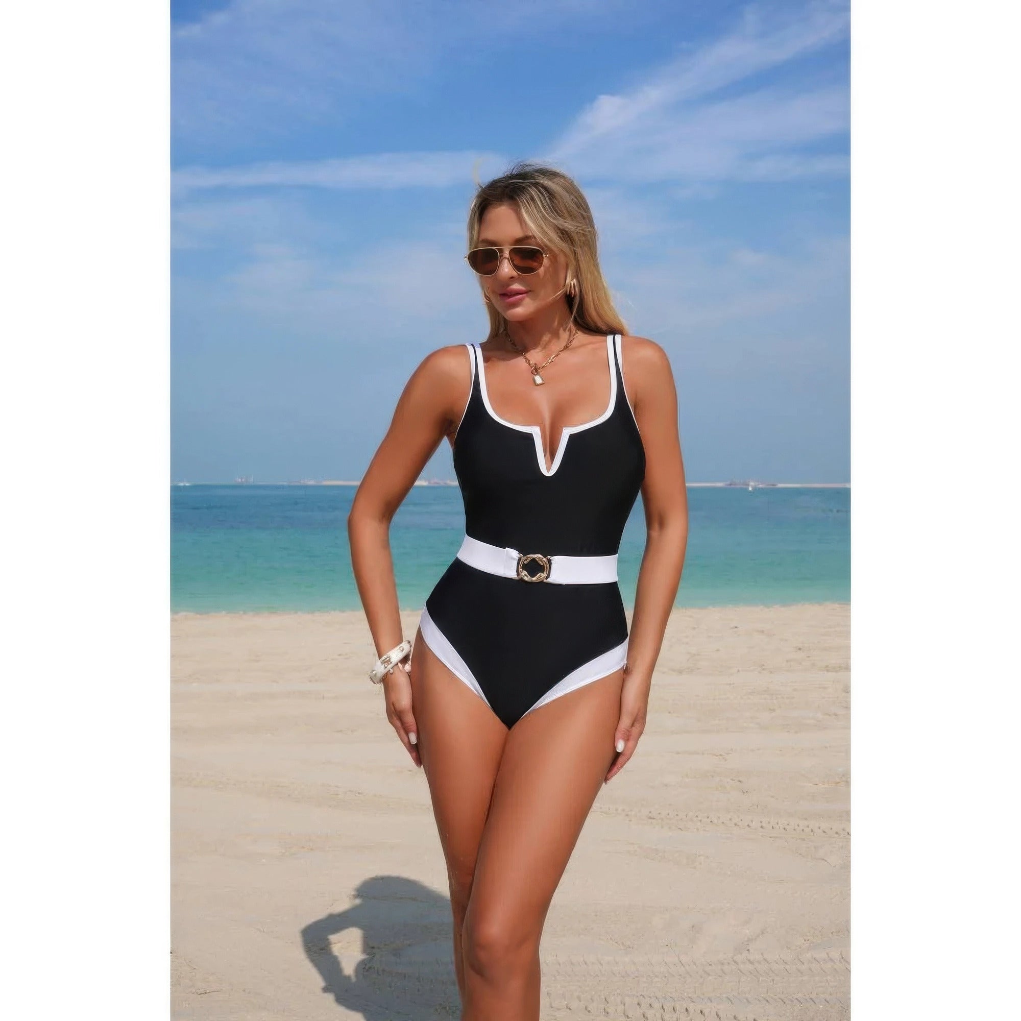 One Piece Color Block Metal Buckle Belt Swimsuit product image