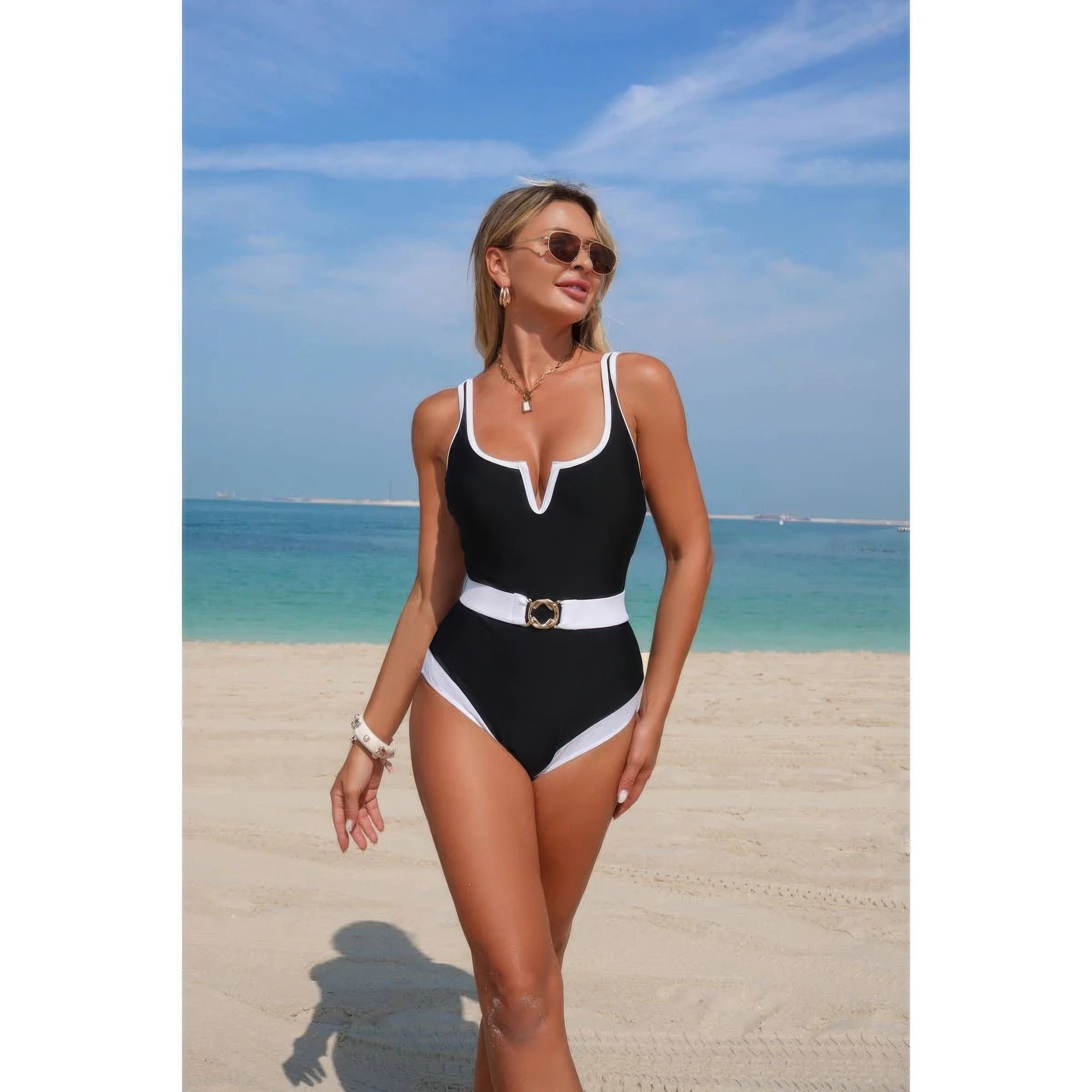 One Piece Color Block Metal Buckle Belt Swimsuit product image