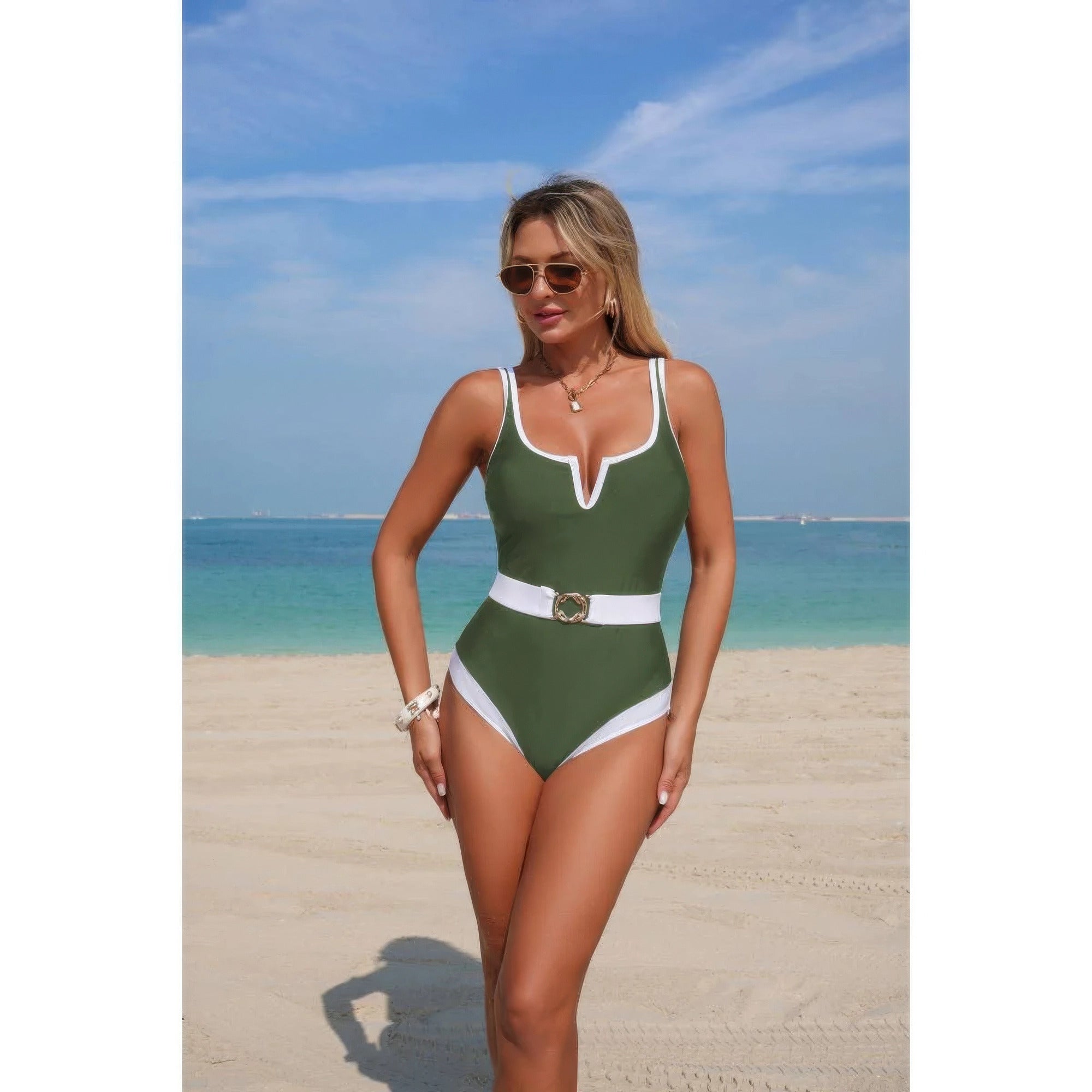 One Piece Color Block Metal Buckle Belt Swimsuit product image